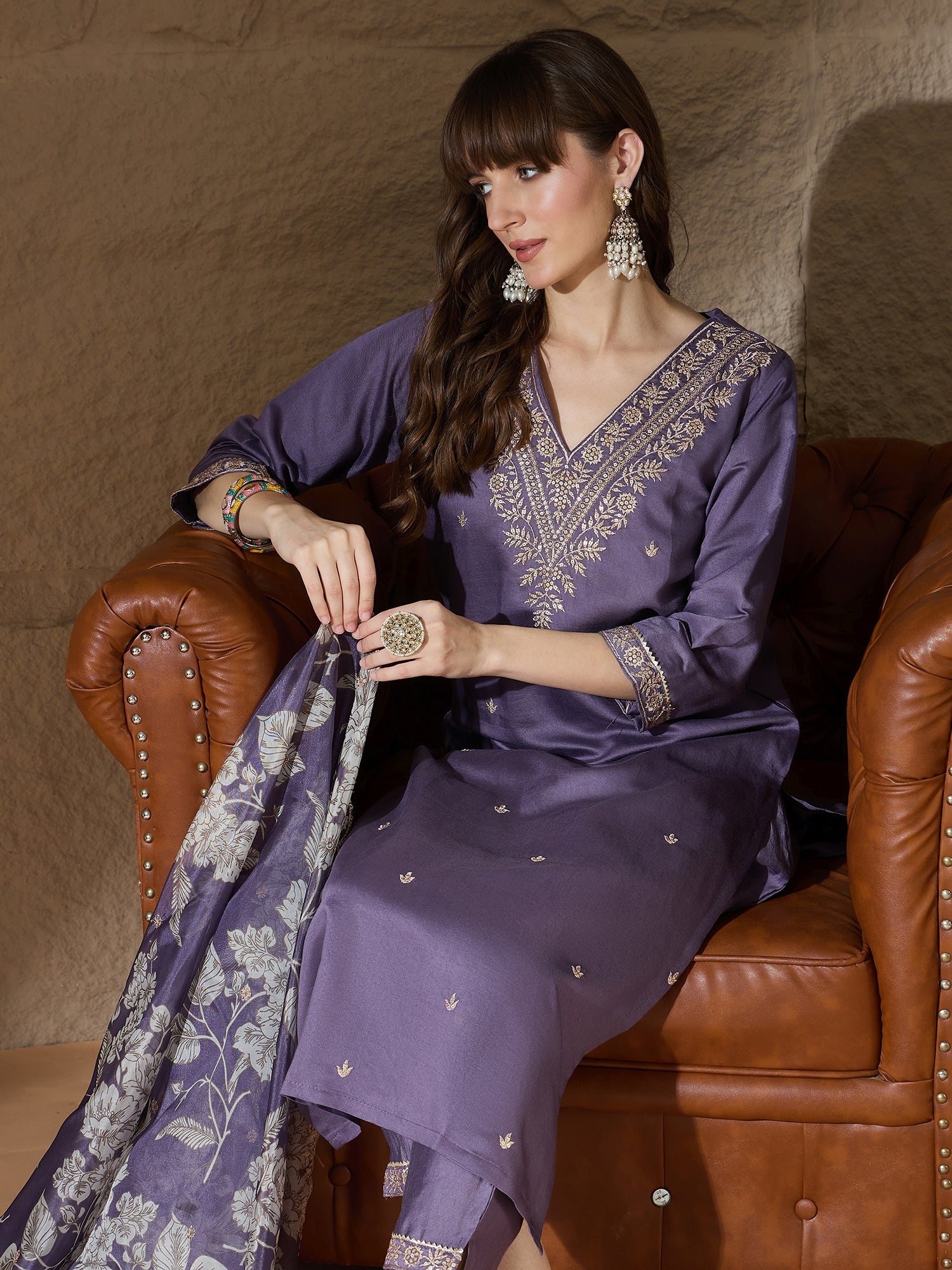 Advitaya Charm Lavender Yoke Design Silk Blend Straight Suit With Dupatta