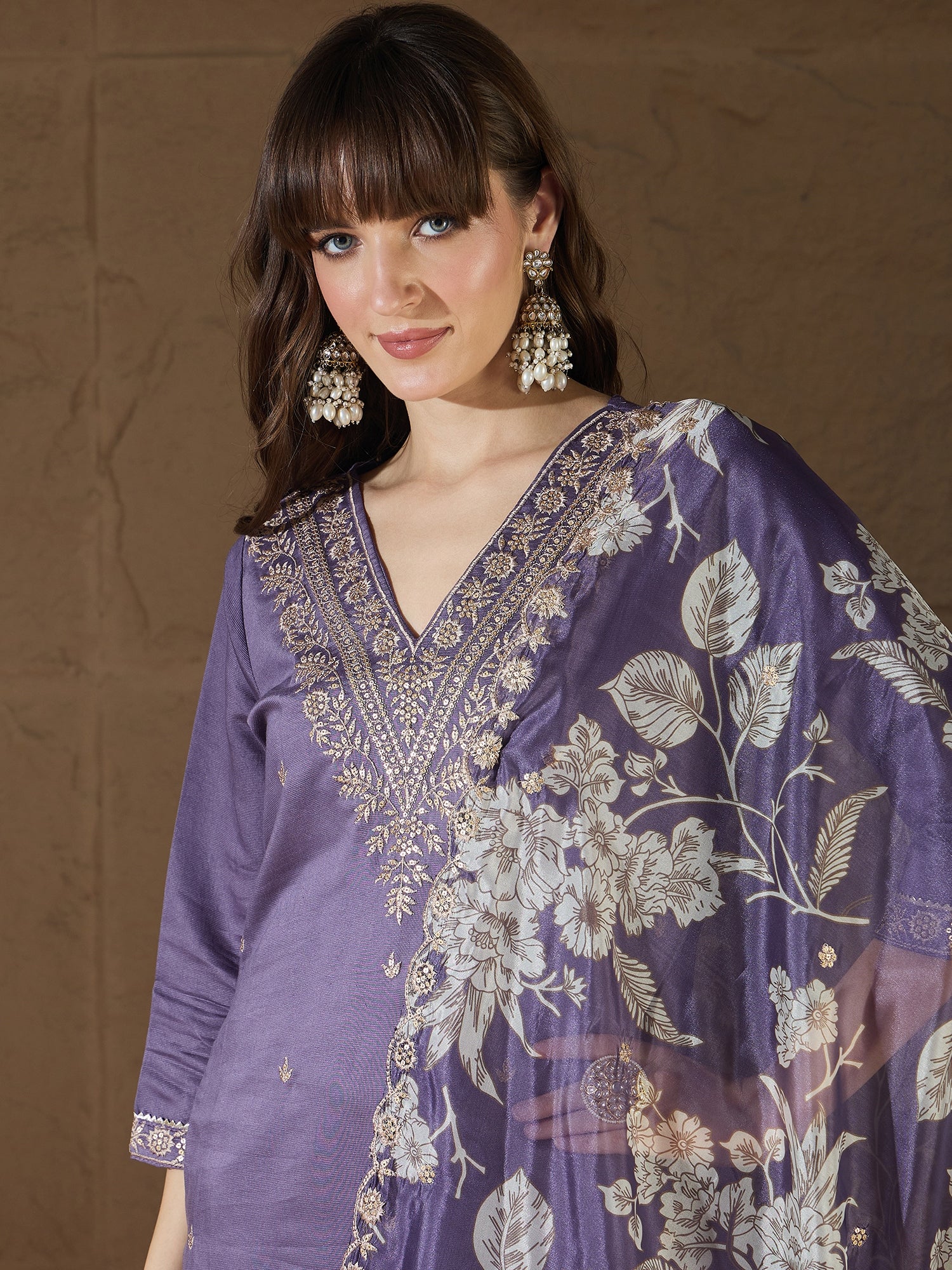 Advitaya Charm Lavender Yoke Design Silk Blend Straight Suit With Dupatta