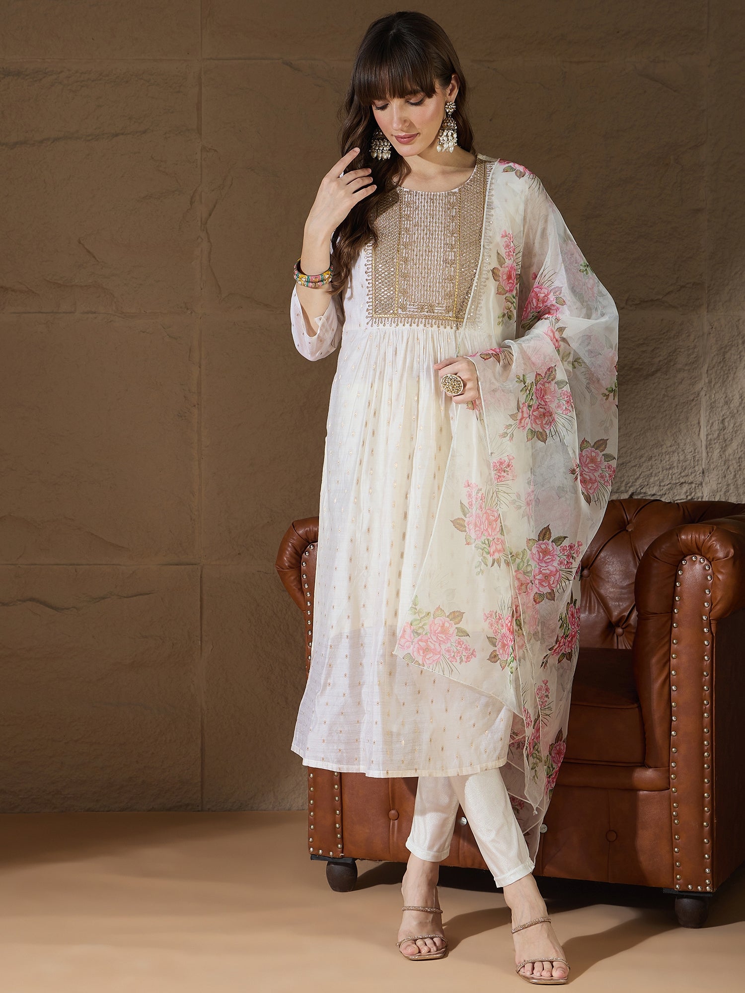 Neelangi Off white Women Kurta and Leggings Duppata Set Chanderi Modal Butti