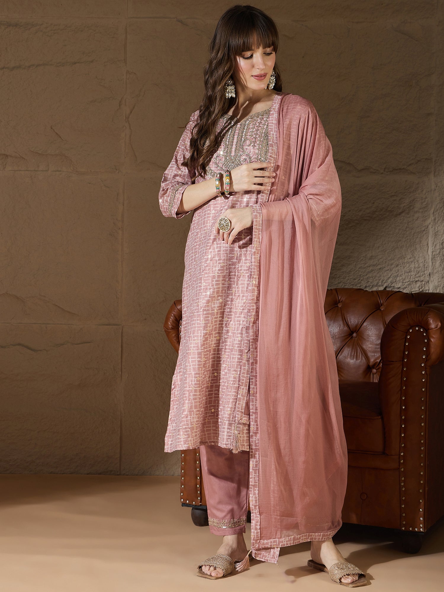 VredeVogel Women Kurta and Trouser Duppata Set With Embroidery Cotton Blend