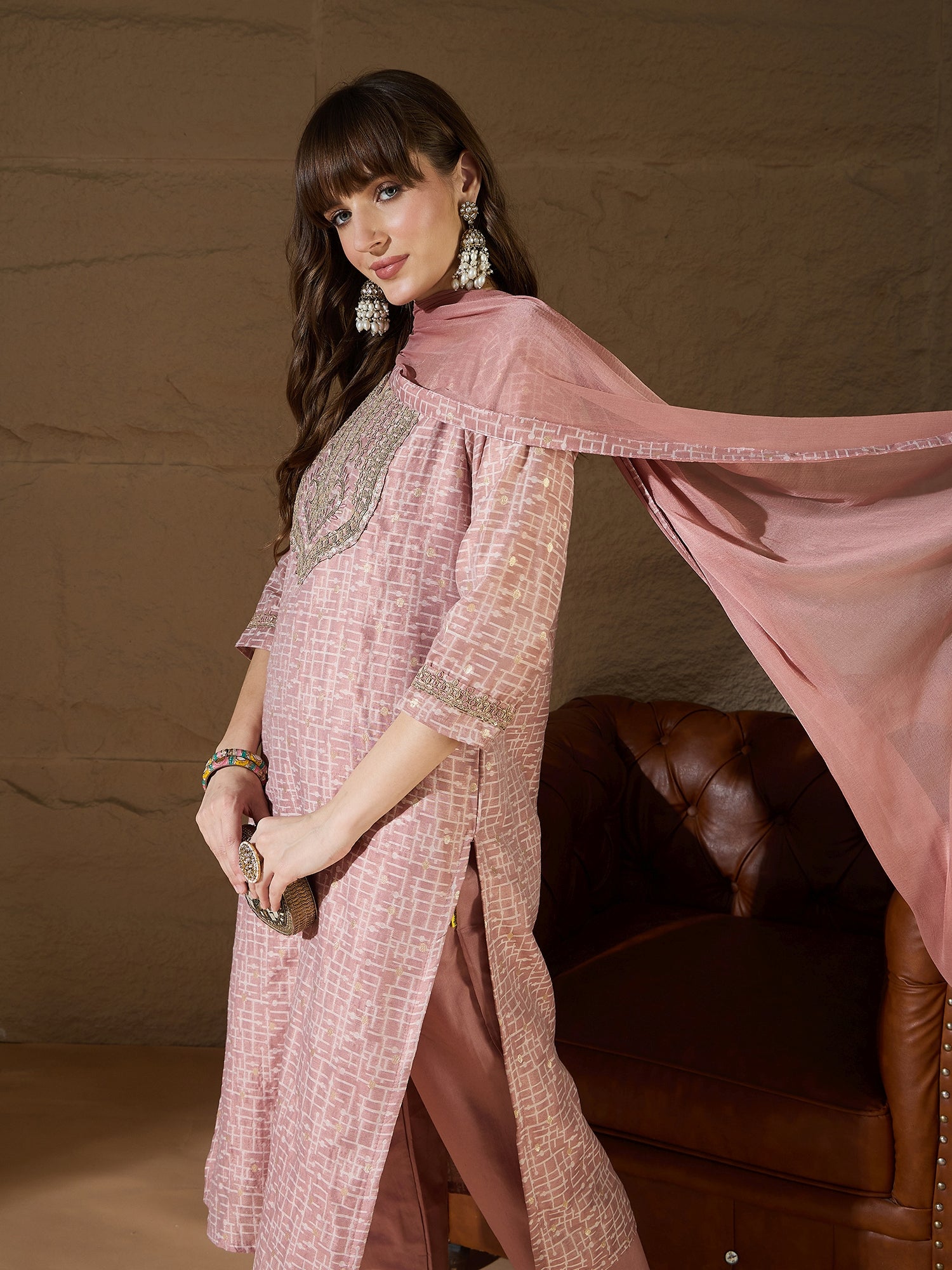 VredeVogel Women Kurta and Trouser Duppata Set With Embroidery Cotton Blend
