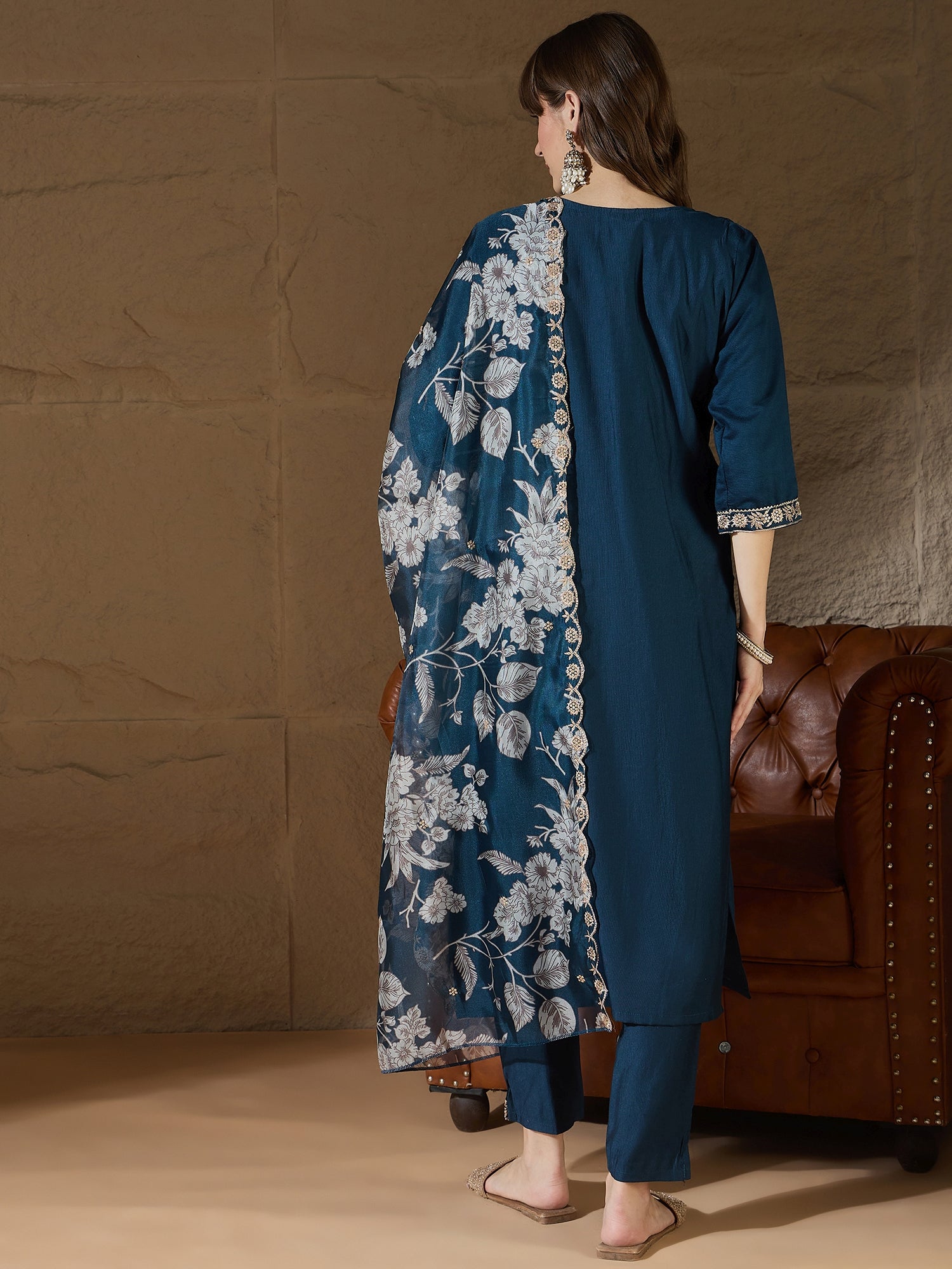 Chitra Charm Teal Yoke Design Silk Blend Straight Suit With Dupatta