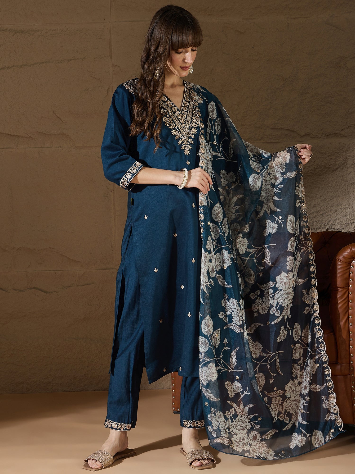 Chitra Charm Teal Yoke Design Silk Blend Straight Suit With Dupatta