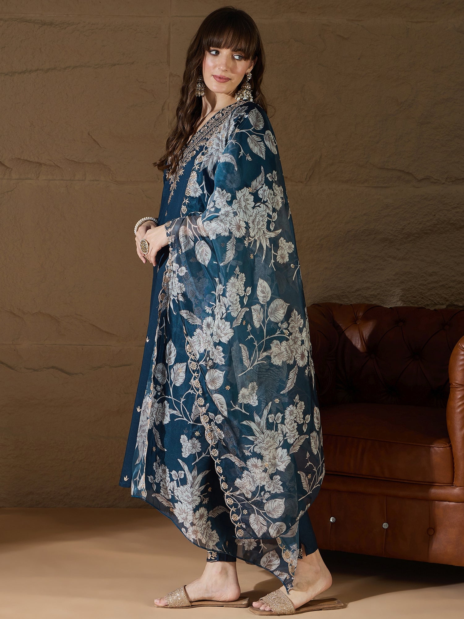 Chitra Charm Teal Yoke Design Silk Blend Straight Suit With Dupatta