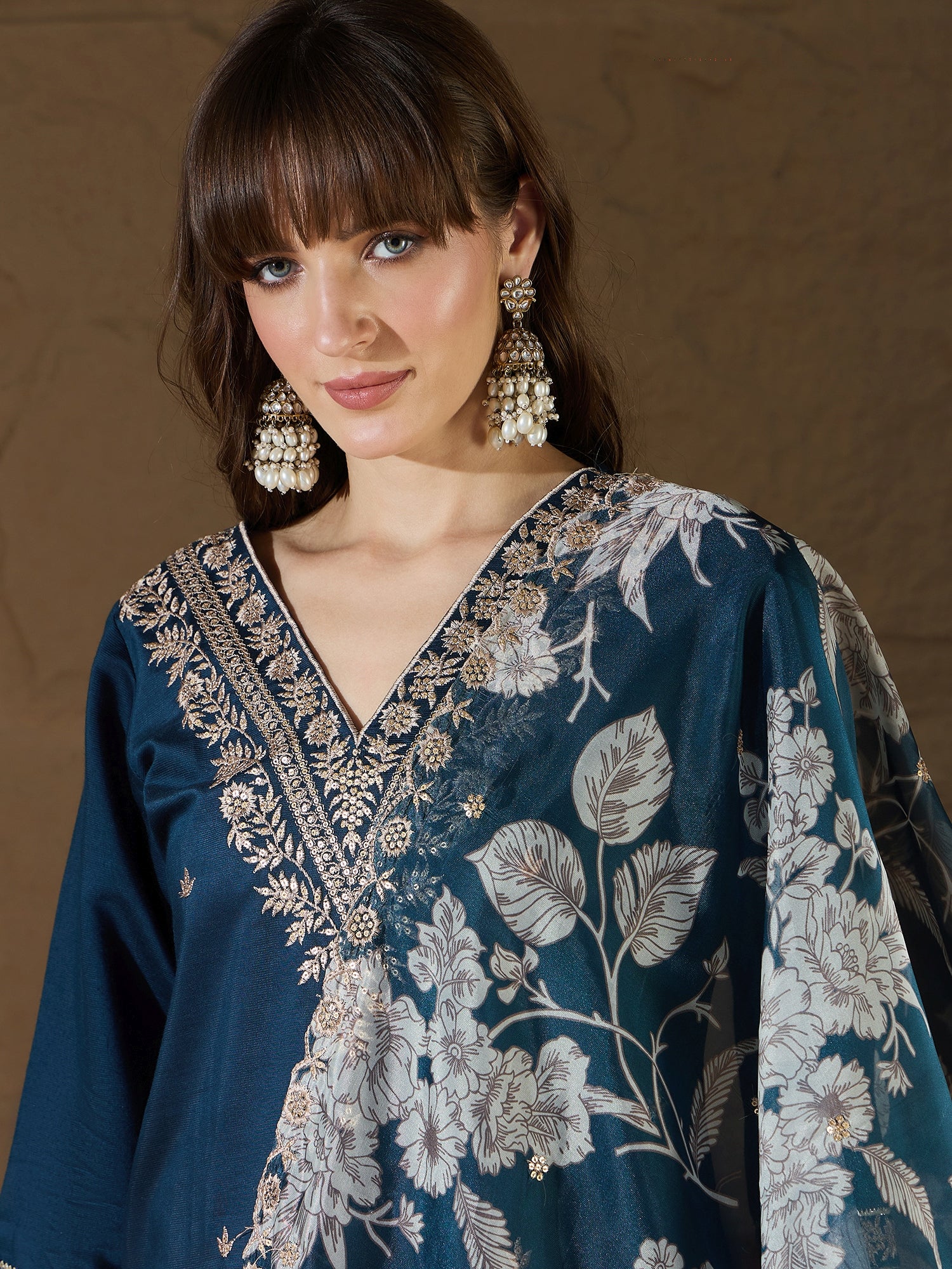 Chitra Charm Teal Yoke Design Silk Blend Straight Suit With Dupatta