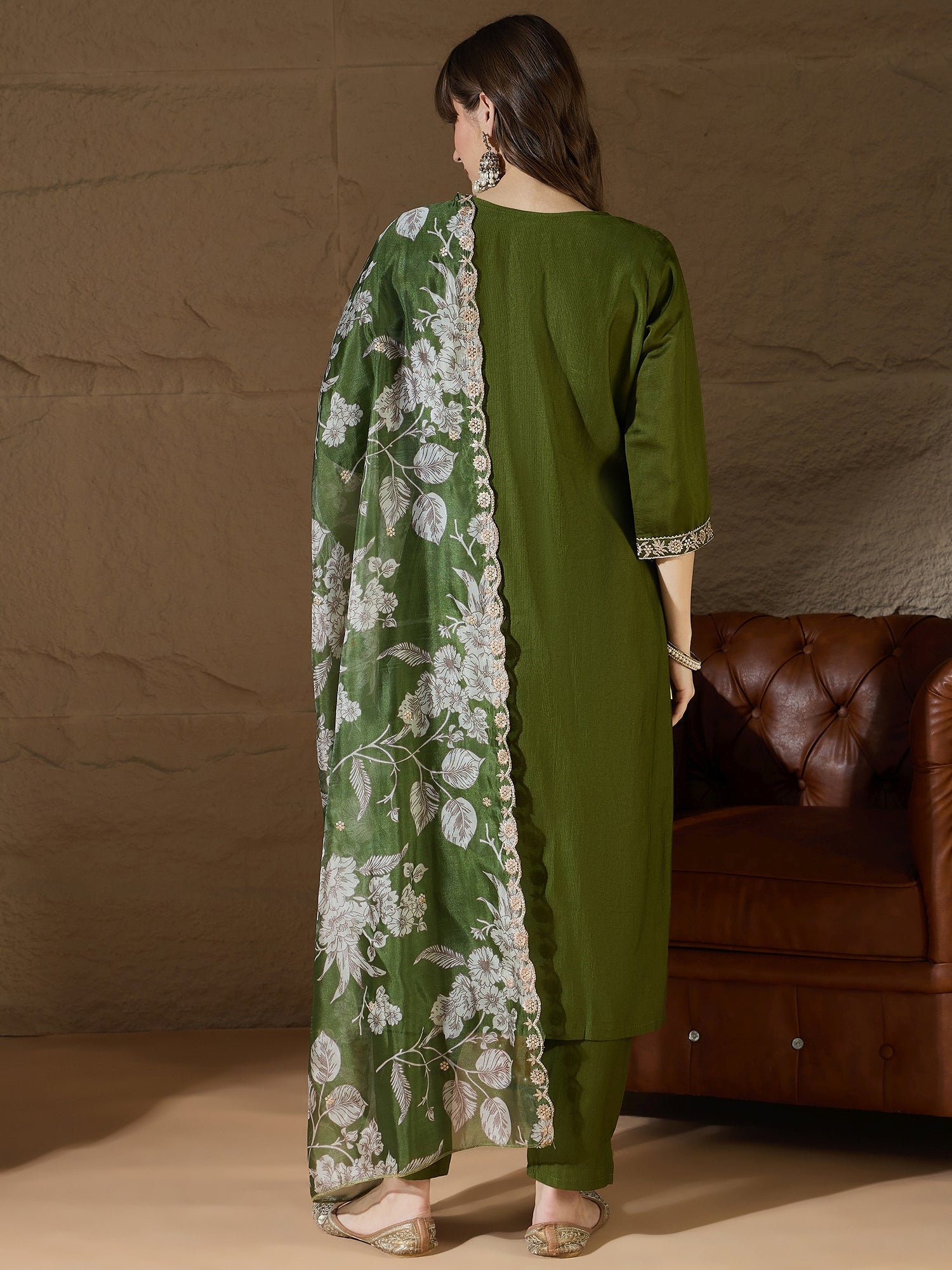 Chitra Charm Mehndi Yoke Design Silk Blend Straight Suit With Dupatta