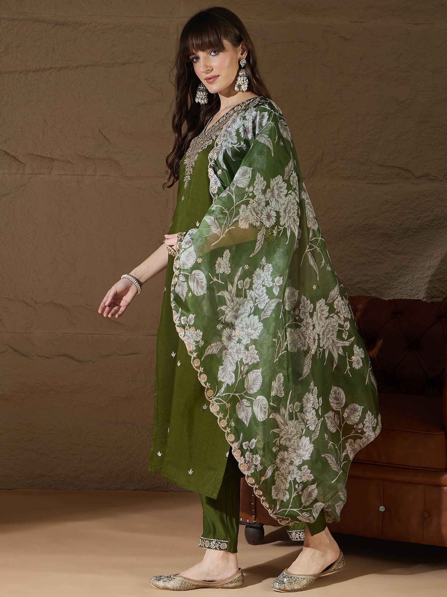 Pavani Charm Mehndi Yoke Design Silk Blend Straight Suit With Dupatta