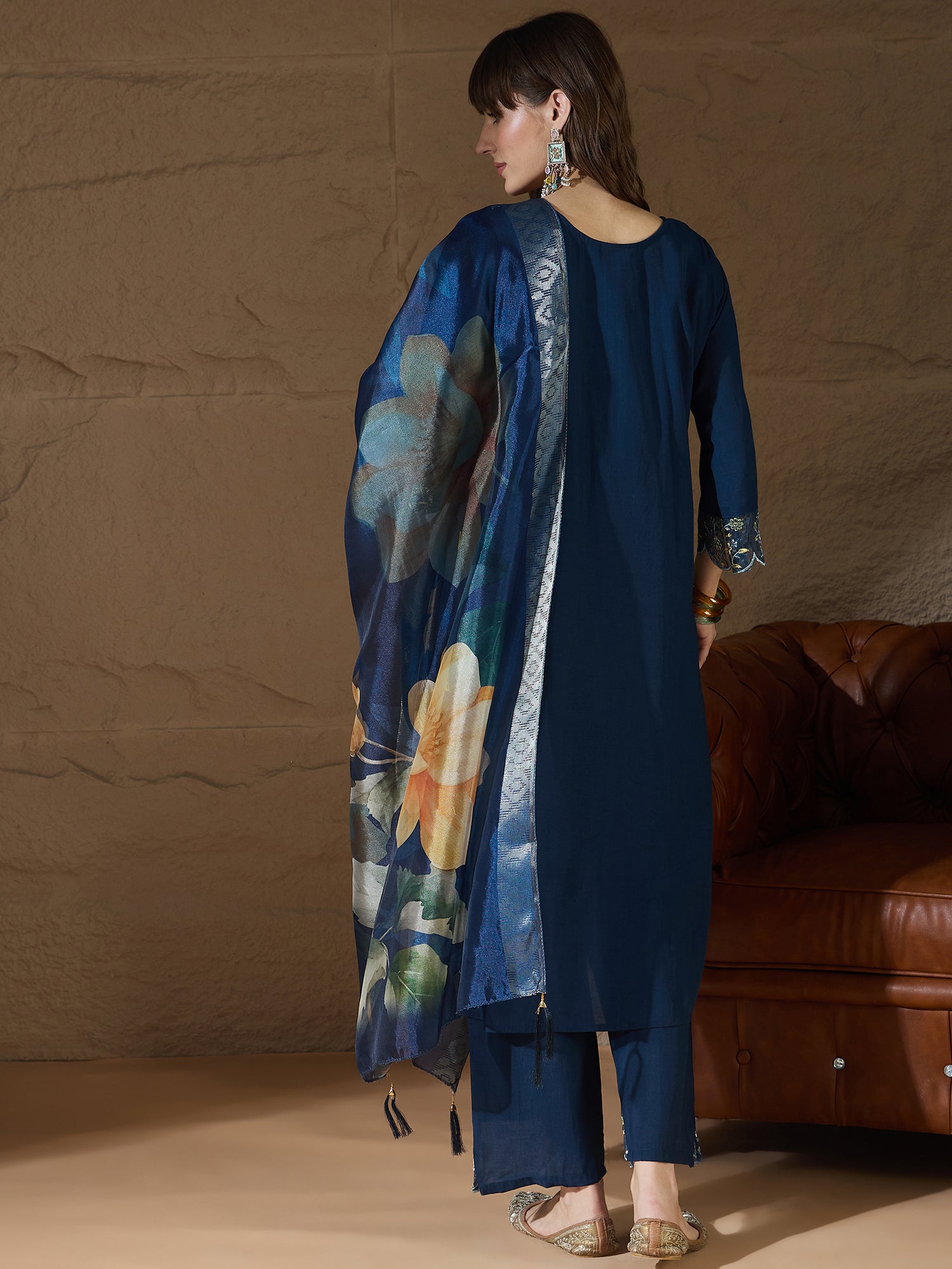 Yogini Silk Blend Blue Embroidered Design Straight Kurta suits