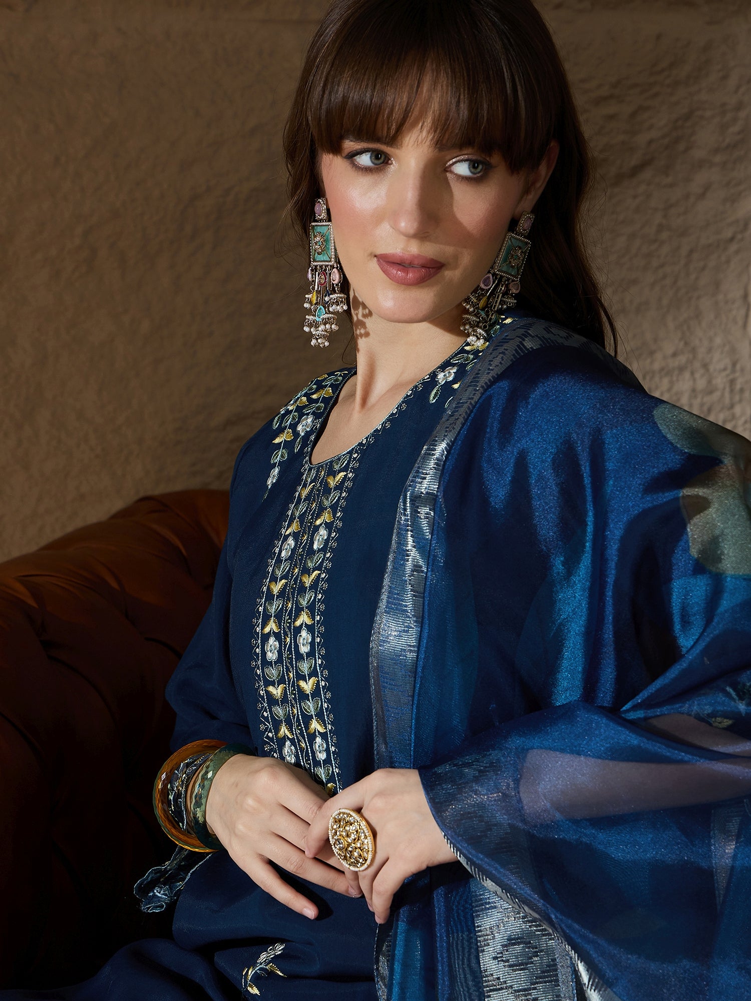 Yogini Silk Blend Blue Embroidered Design Straight Kurta suits