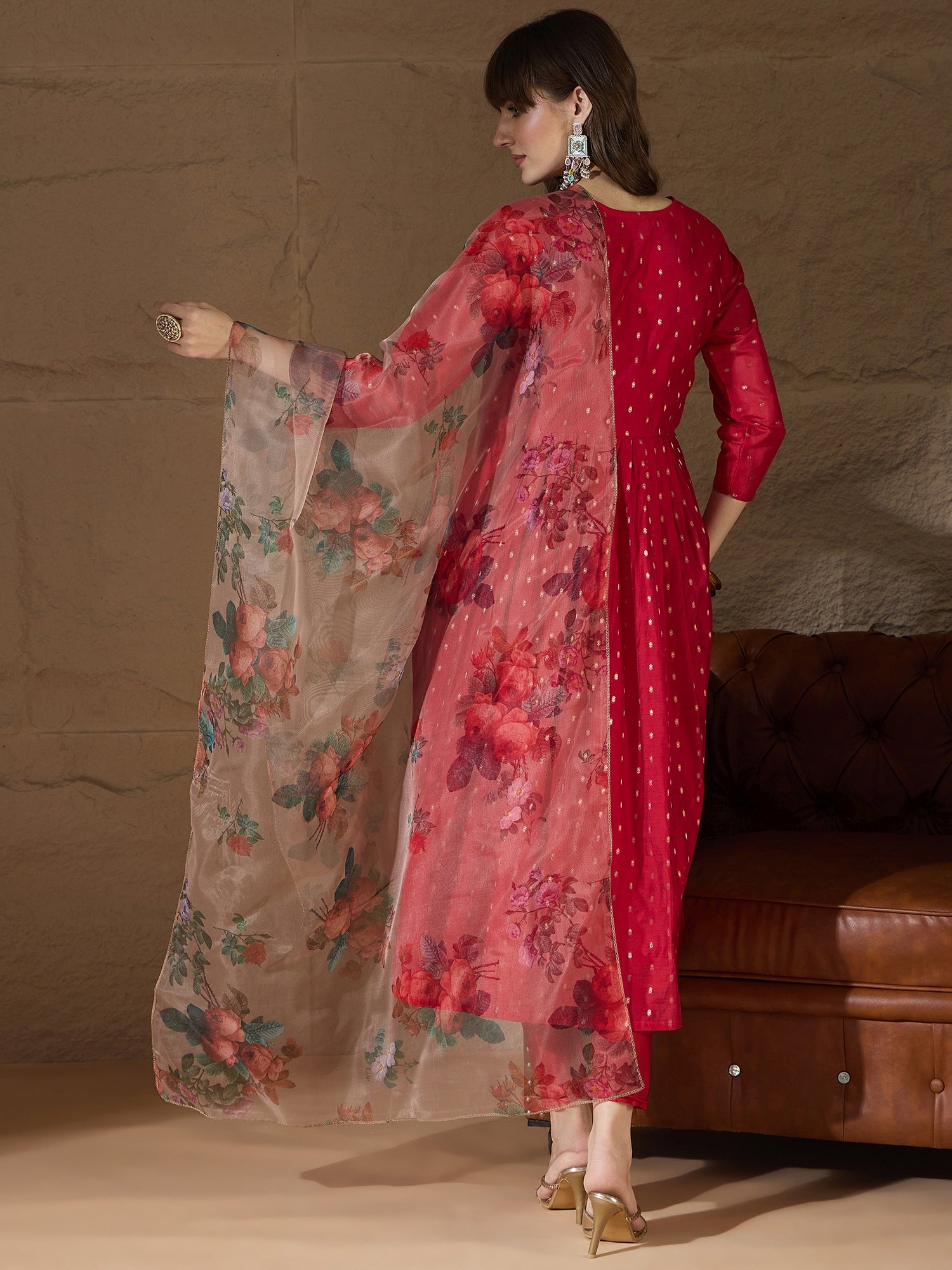 Neelangi Red Women Kurta and Leggings Duppata Set Chanderi Modal Butti