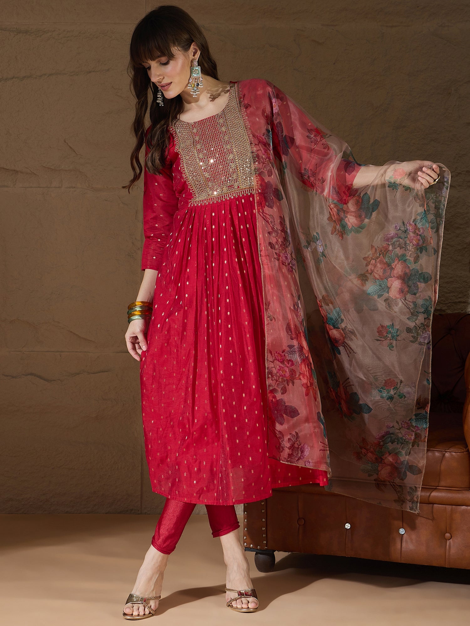 Nirvani  Red Women Kurta and Leggings Duppata Set Chanderi Modal Butti