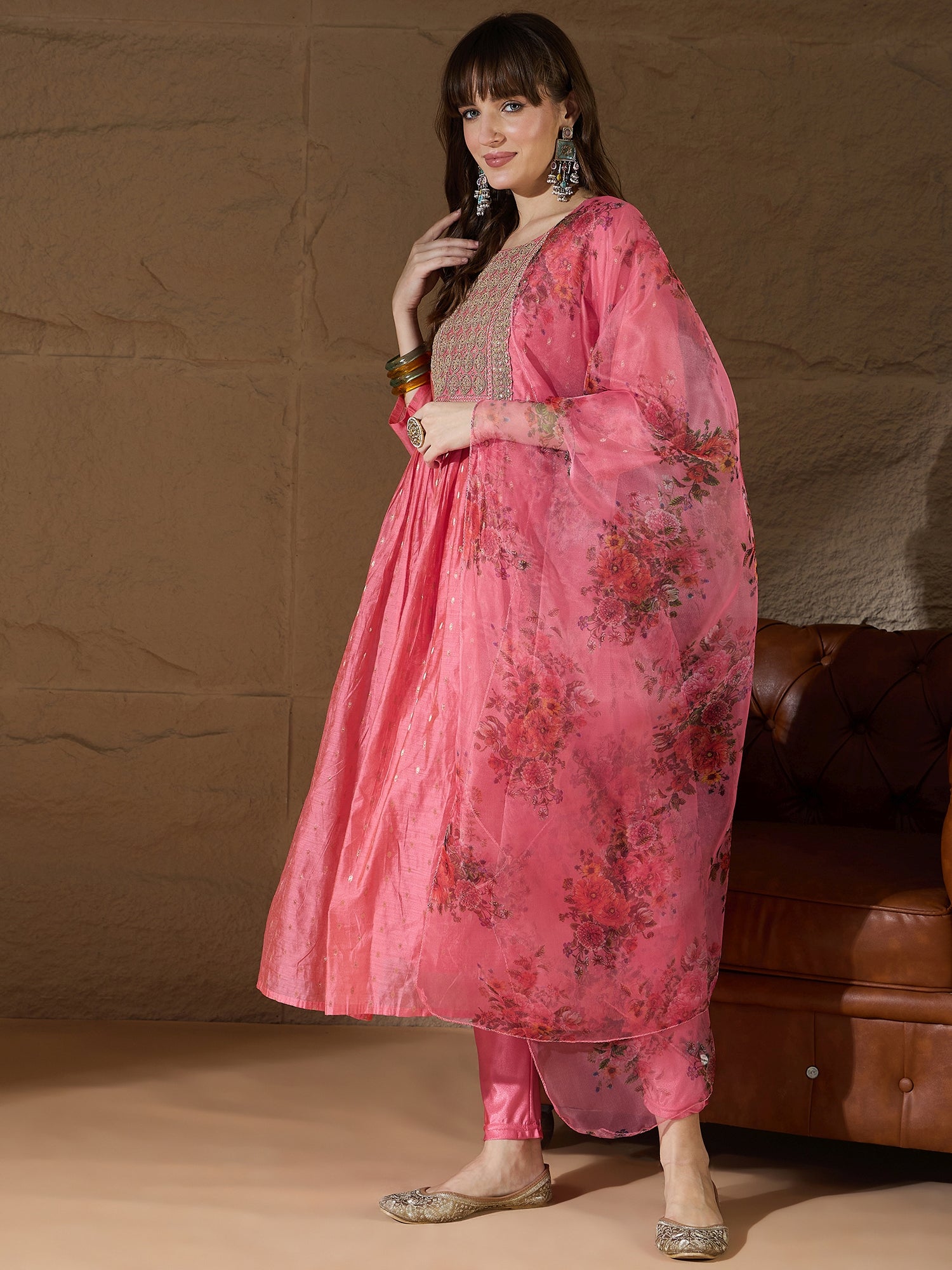 Neelangi Pink Women Kurta and Leggings Duppata Set Chanderi Modal Butti