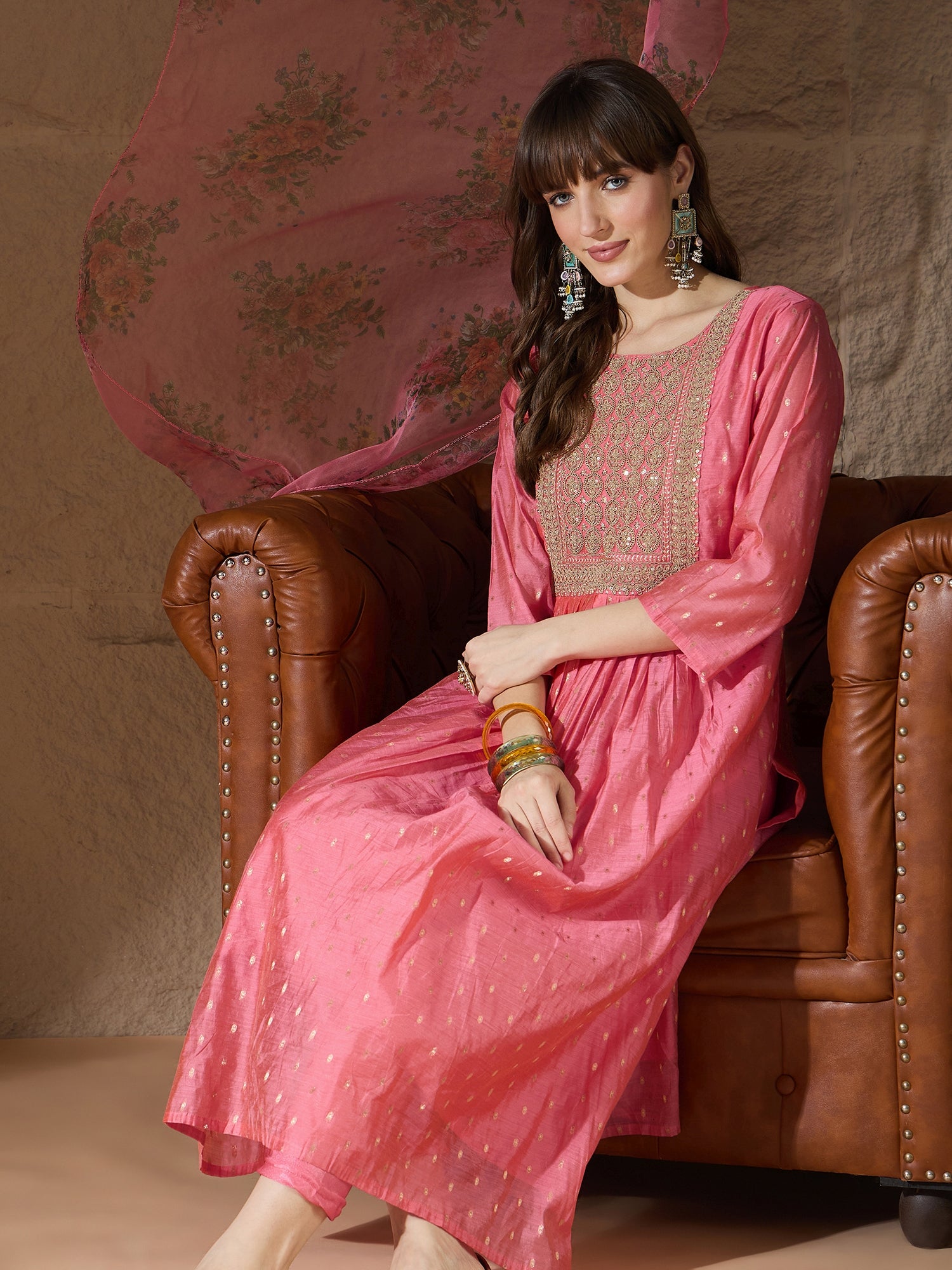 Neelangi Pink Women Kurta and Leggings Duppata Set Chanderi Modal Butti