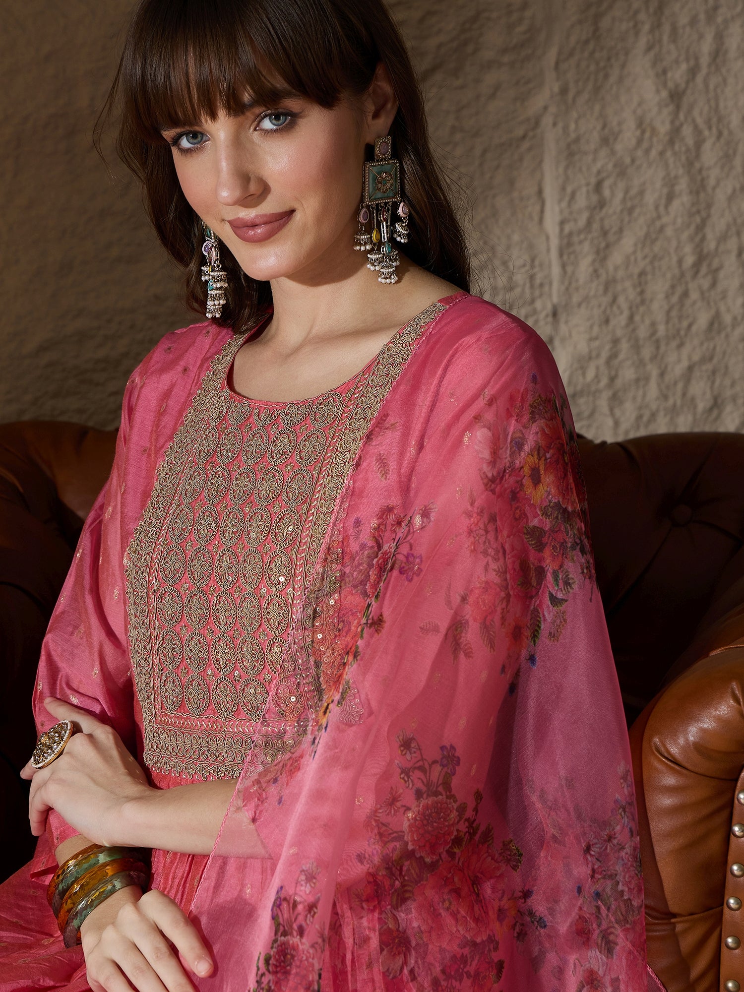 Rupika  Pink Women Kurta and Leggings Duppata Set Chanderi Modal Butti