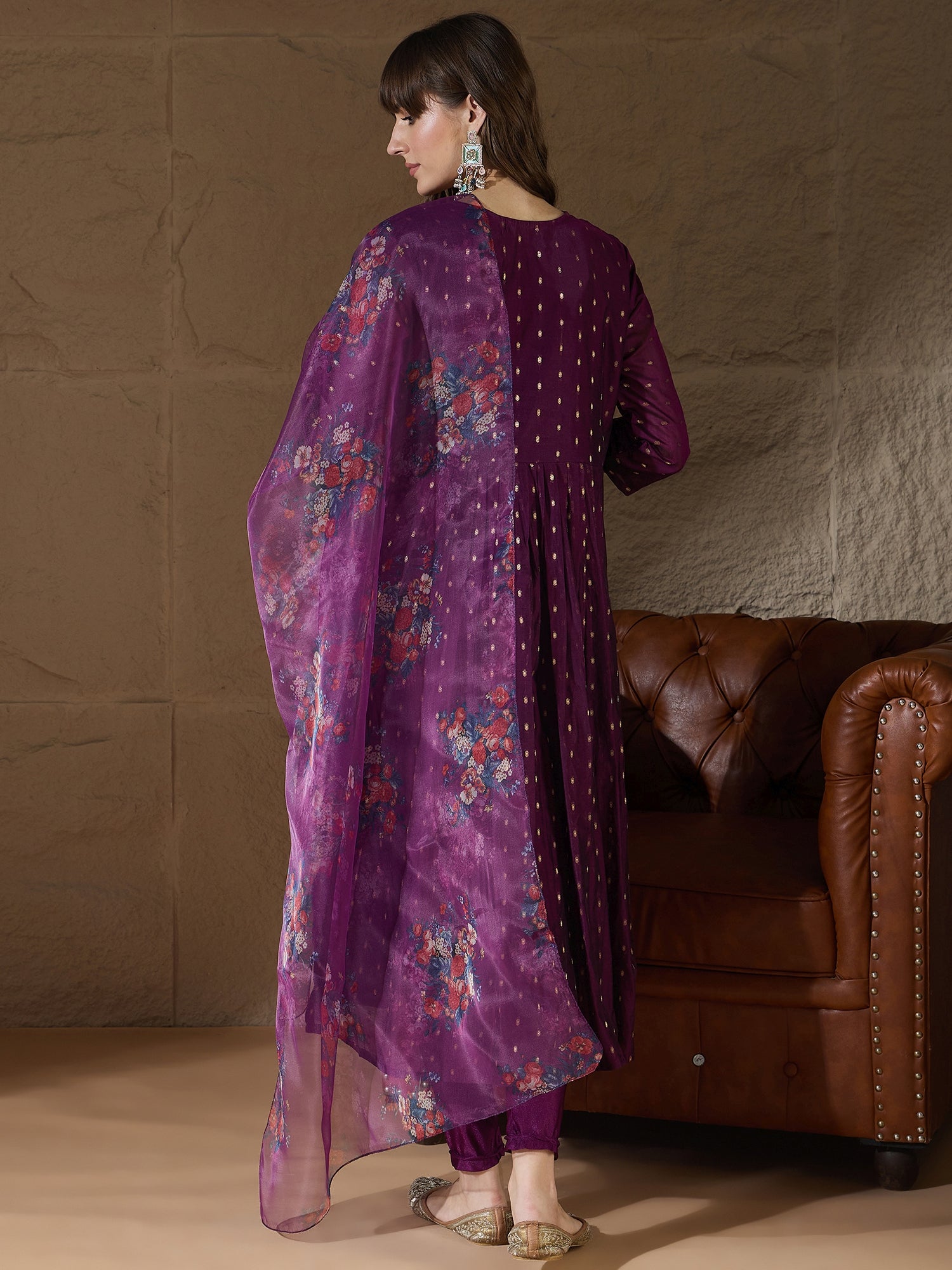 Neelangi Purple Women Kurta and Leggings Duppata Set Chanderi Modal Butti