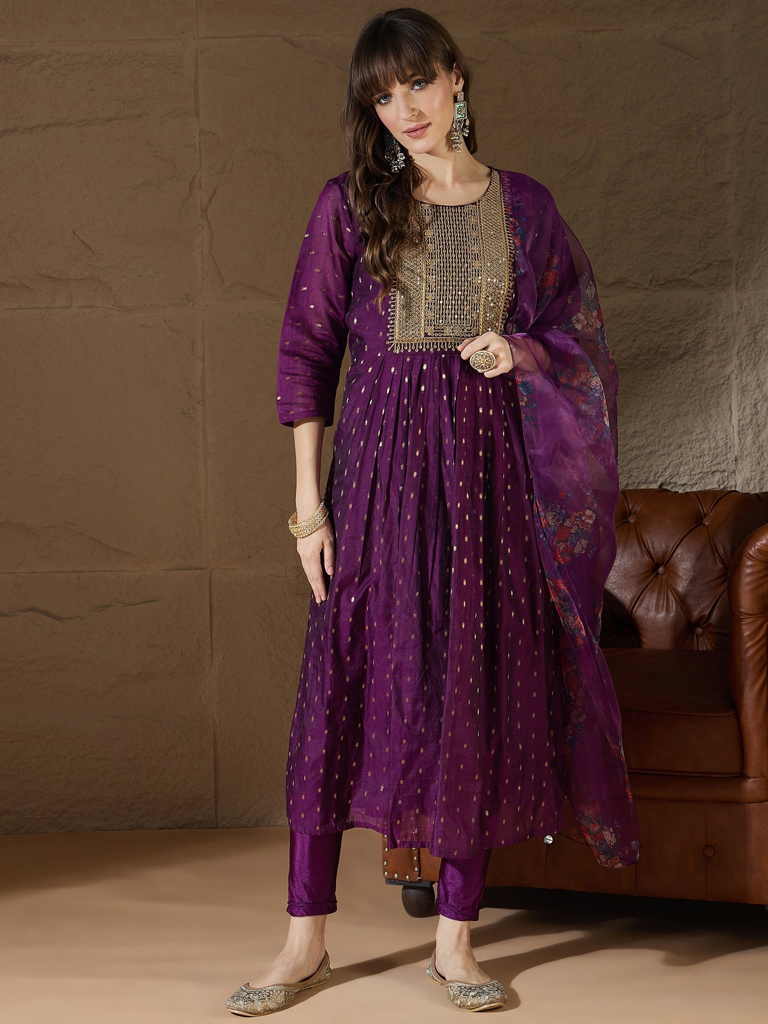 Tapasvini Purple Women Kurta and Leggings Duppata Set Chanderi Modal Butti