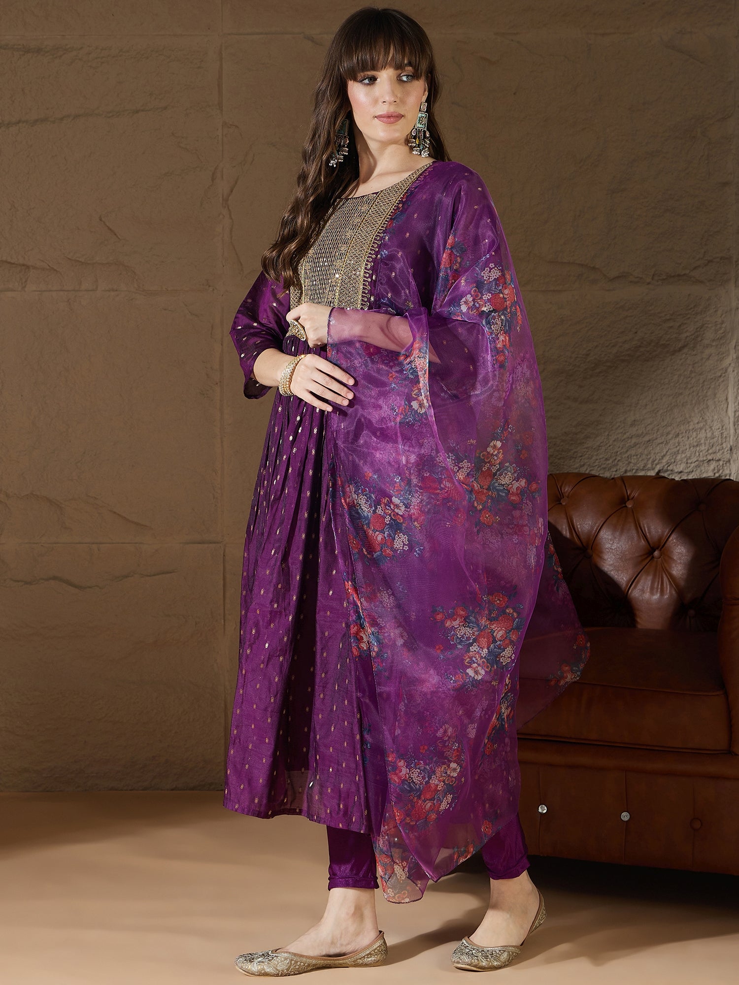 Tapasvini Purple Women Kurta and Leggings Duppata Set Chanderi Modal Butti
