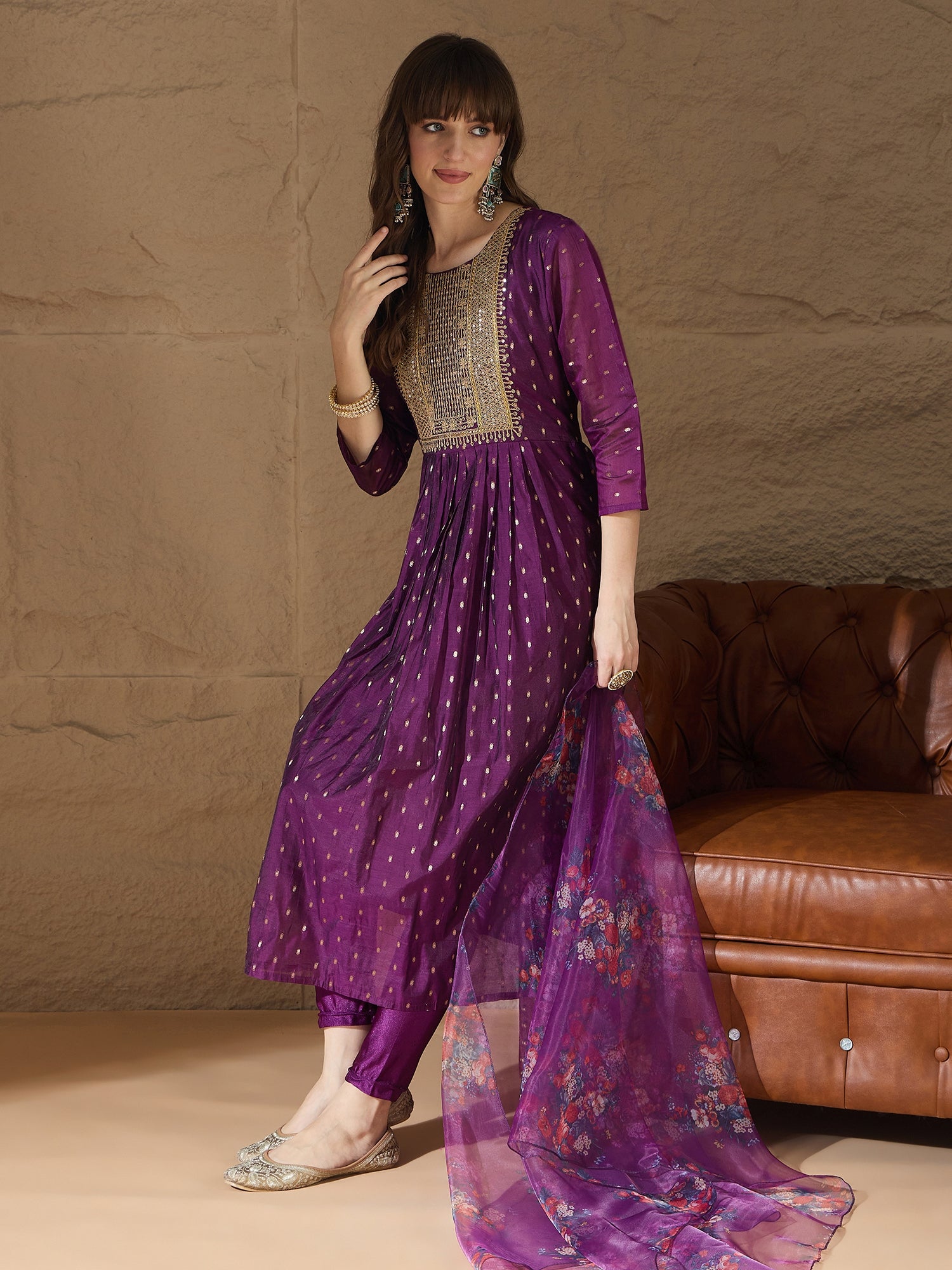 Tapasvini Purple Women Kurta and Leggings Duppata Set Chanderi Modal Butti