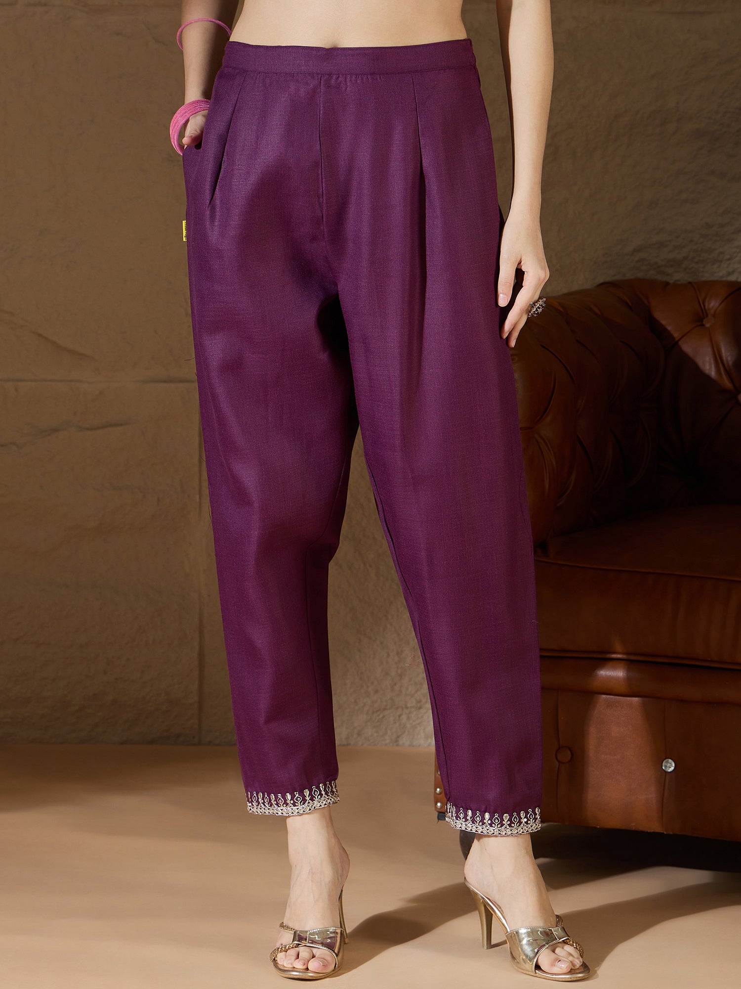Nitya Purple Women Kurta and Trousers Pant Sets Cotton Blend