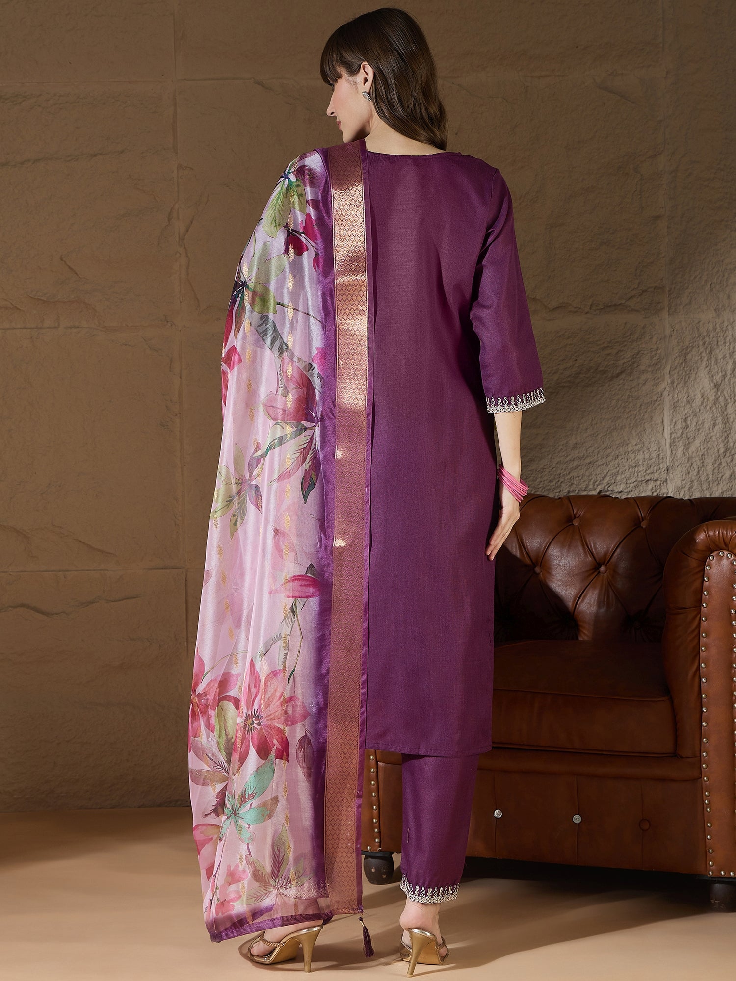 Nitya Purple Women Kurta and Trousers Pant Sets Cotton Blend