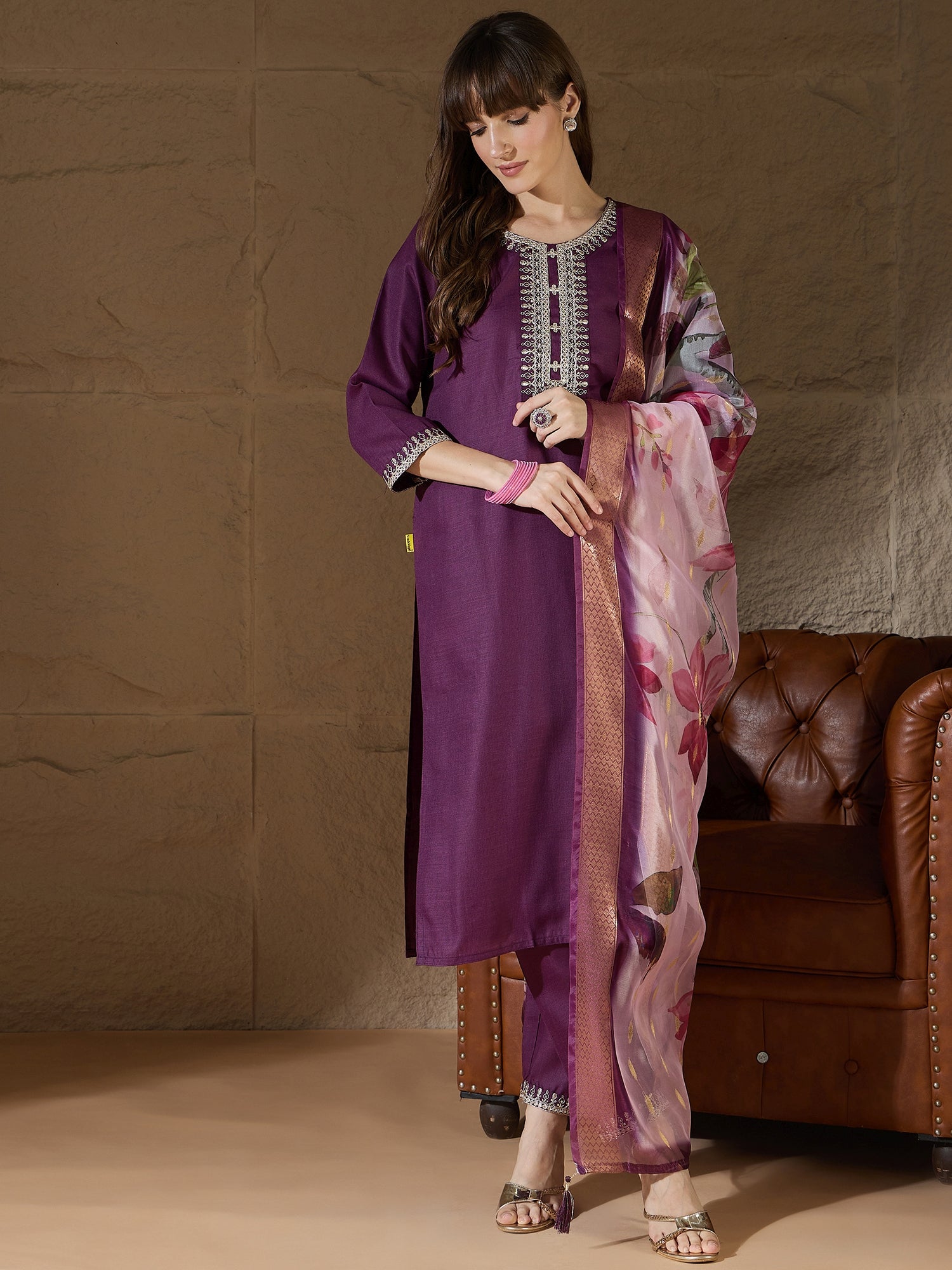 Nitya Purple Women Kurta and Trousers Pant Sets Cotton Blend