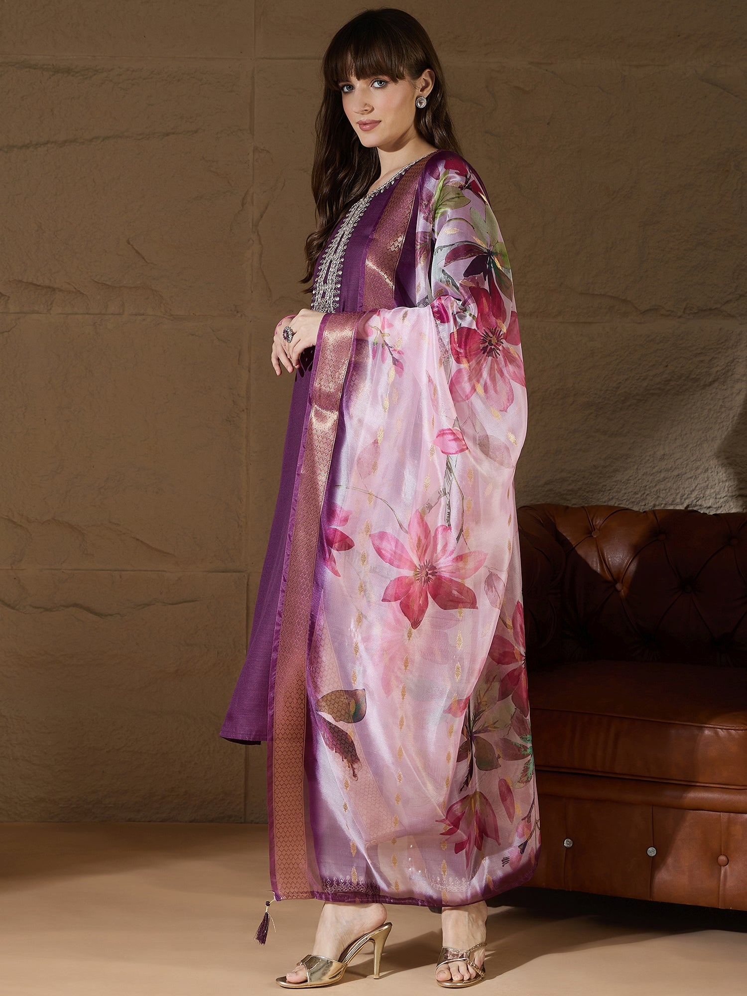 Nitya Purple Women Kurta and Trousers Pant Sets Cotton Blend