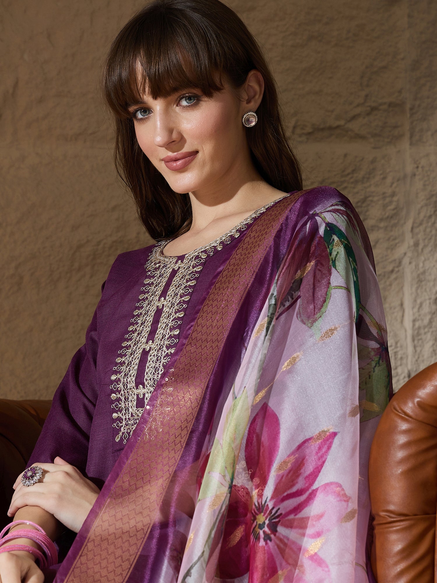 Nitya Purple Women Kurta and Trousers Pant Sets Cotton Blend
