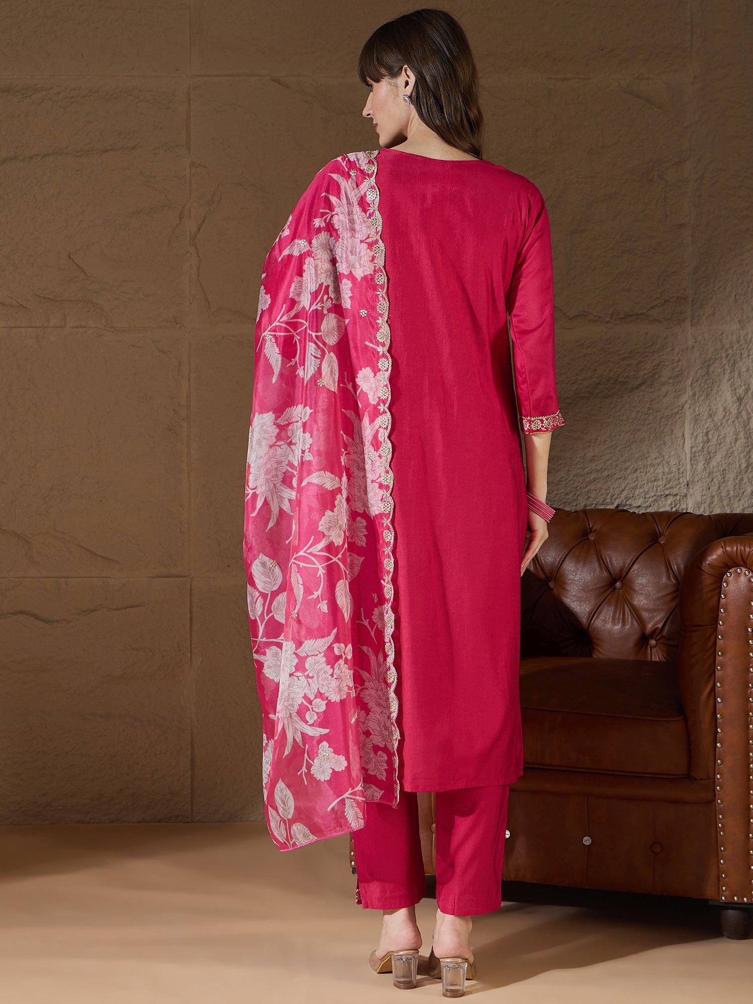 Chitra Charm Pink Yoke Design Silk Blend Straight Suit With Dupatta