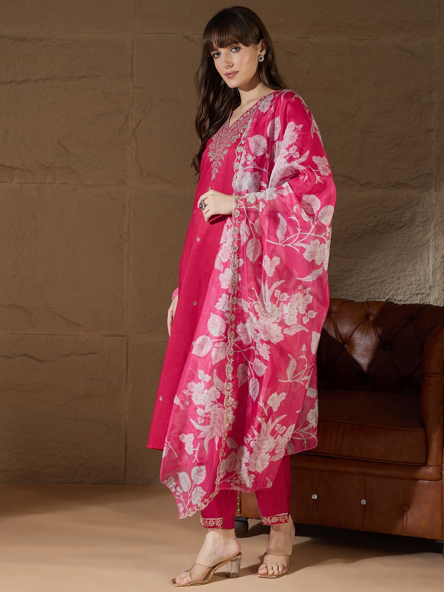 Chitra Charm Pink Yoke Design Silk Blend Straight Suit With Dupatta