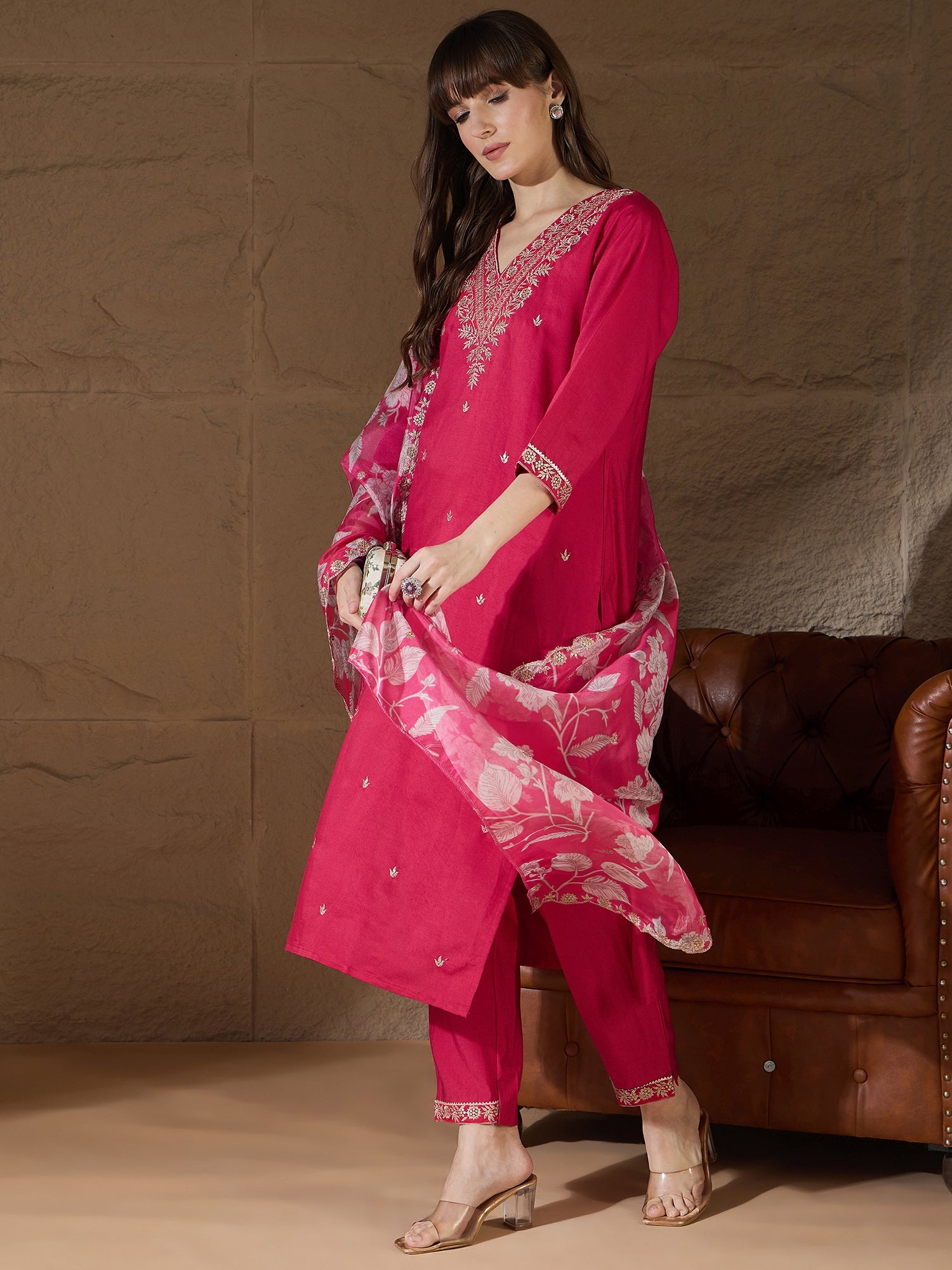Chitra Charm Pink Yoke Design Silk Blend Straight Suit With Dupatta