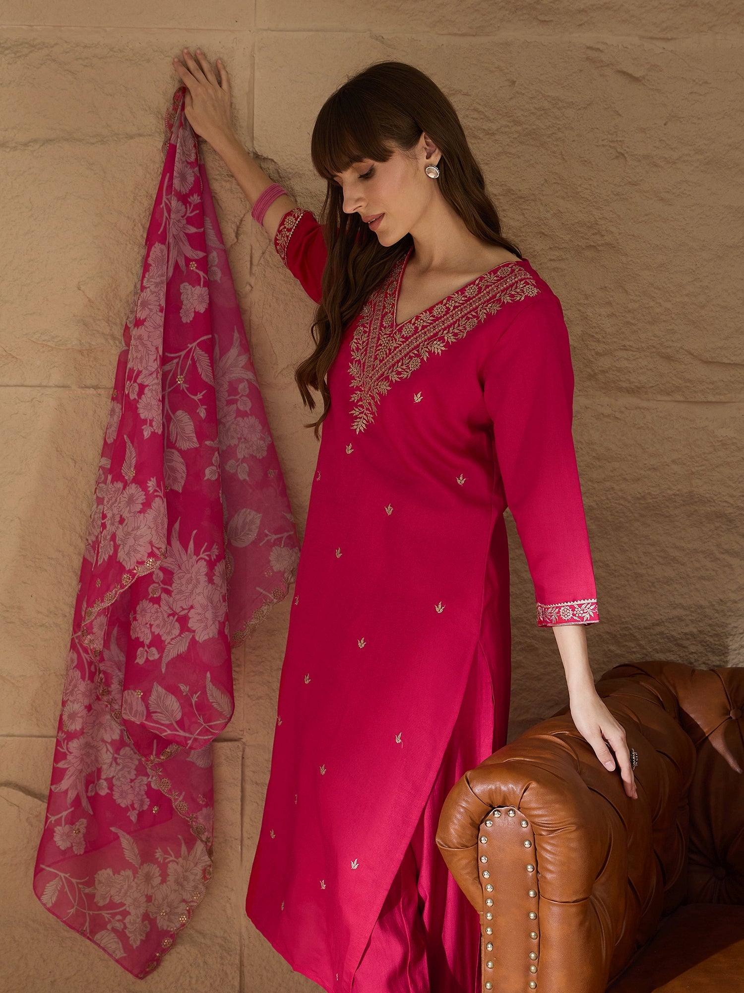 Chitra Charm Pink Yoke Design Silk Blend Straight Suit With Dupatta