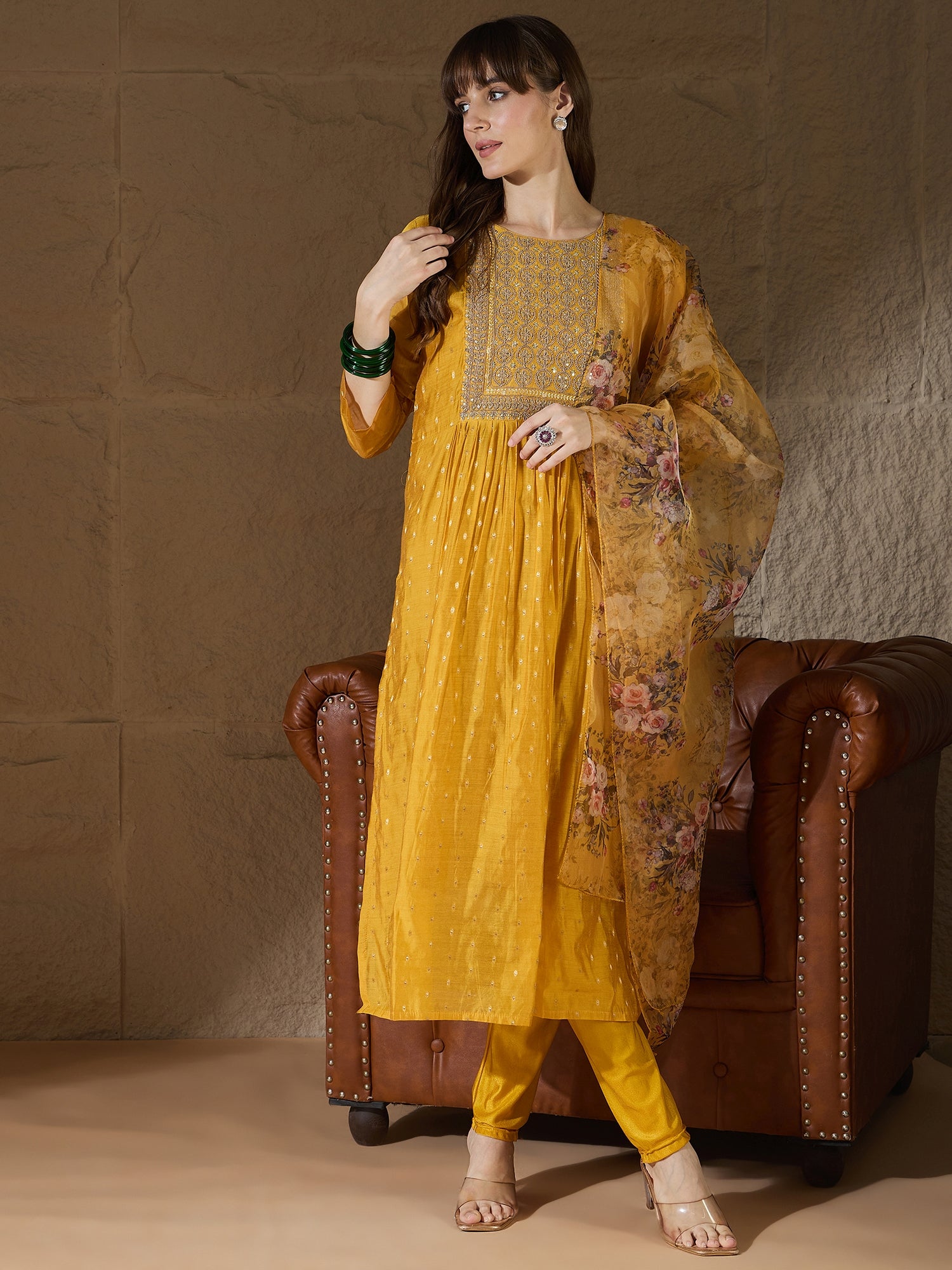 Neelangi yellow Women Kurta and Leggings Duppata Set Chanderi Modal Butti
