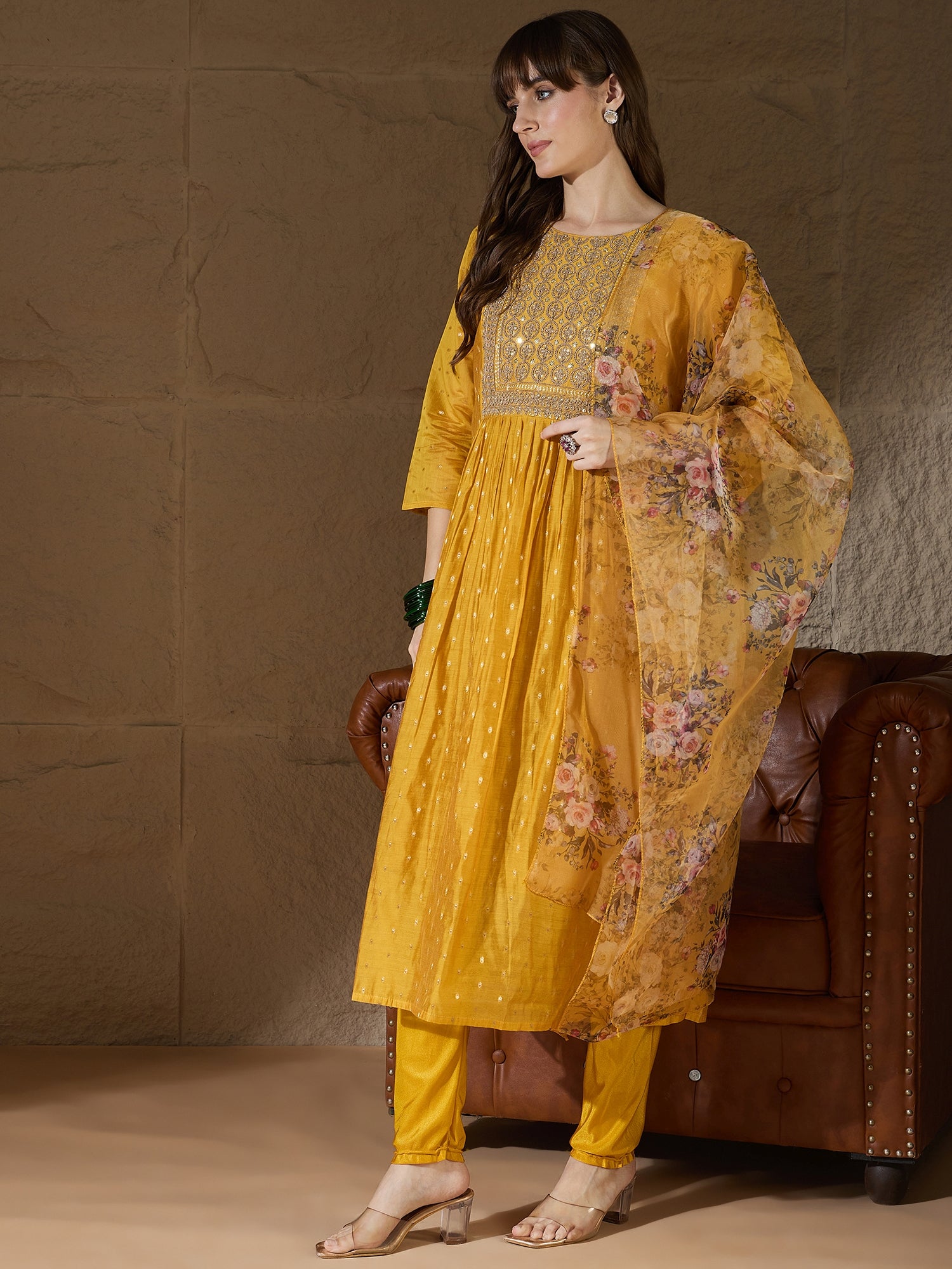 Neelangi yellow Women Kurta and Leggings Duppata Set Chanderi Modal Butti