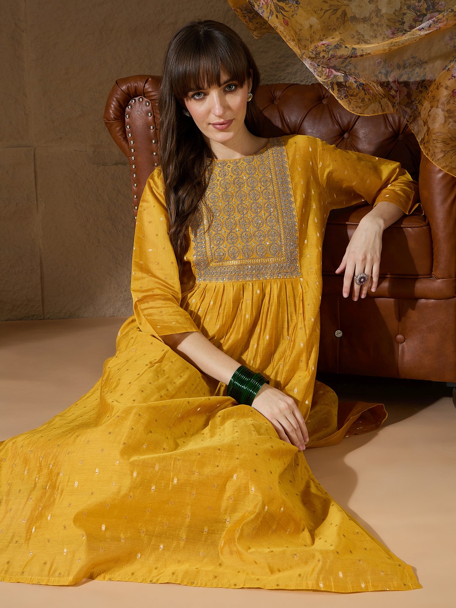 Neelangi yellow Women Kurta and Leggings Duppata Set Chanderi Modal Butti