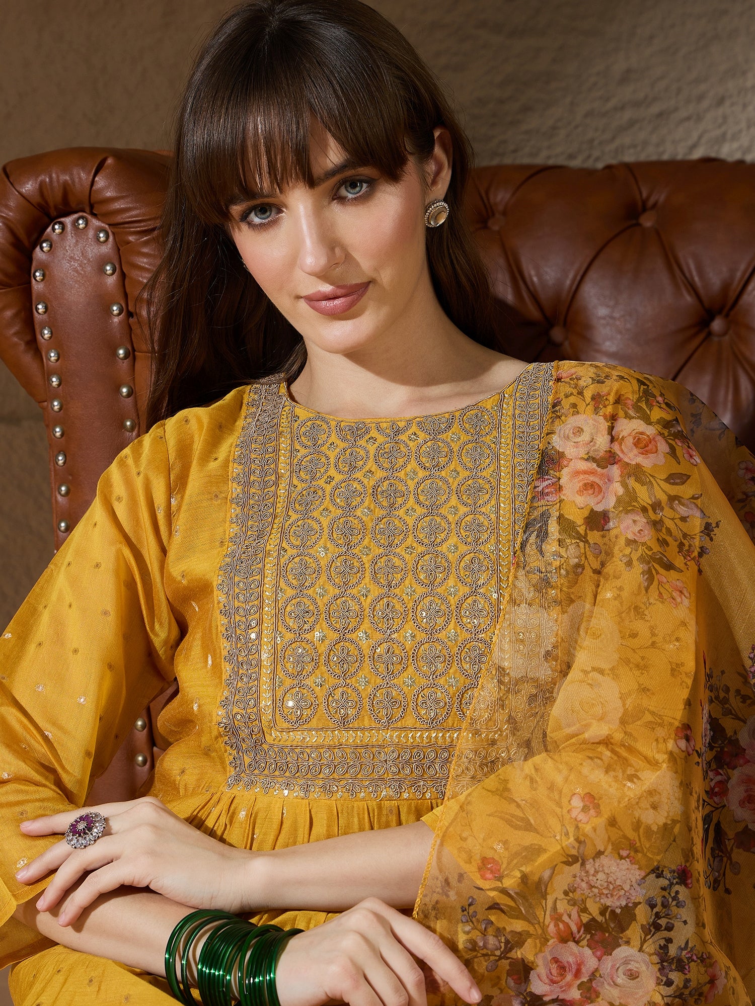 Neelangi yellow Women Kurta and Leggings Duppata Set Chanderi Modal Butti