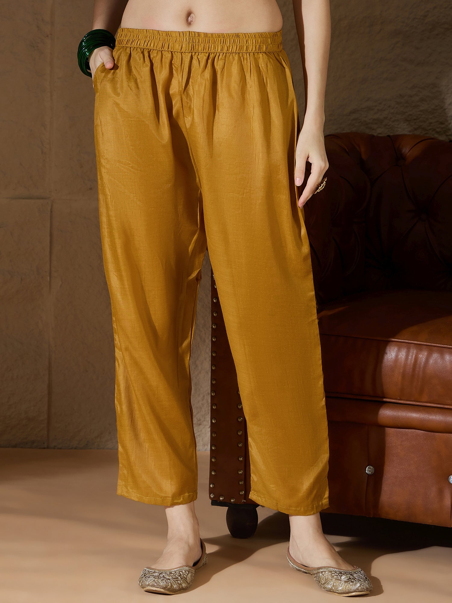 Saiyaara Mustard Cotton Silk Embellished Flared Suit Set