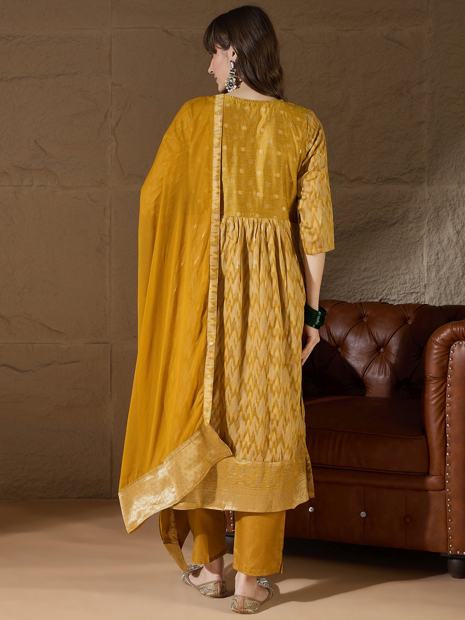 Saiyaara Mustard Cotton Silk Embellished Flared Suit Set
