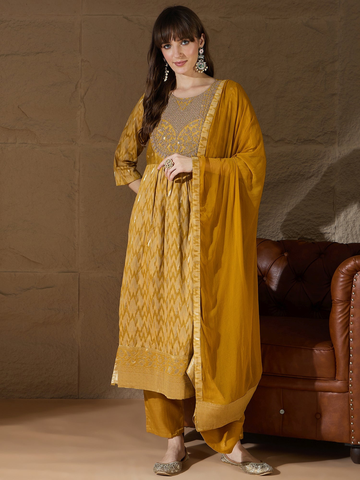 Saiyaara Mustard Cotton Silk Embellished Flared Suit Set