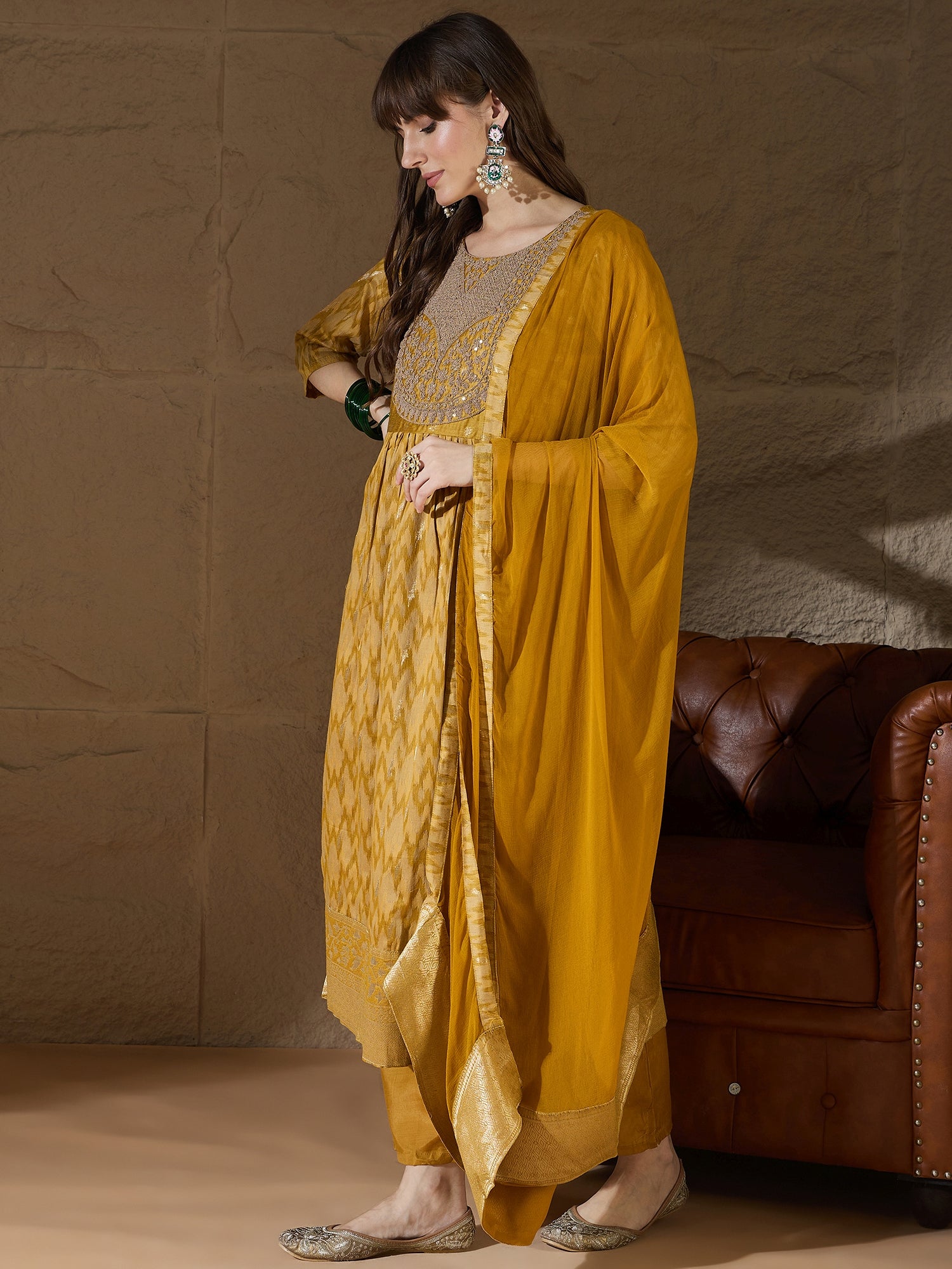 Saiyaara Mustard Cotton Silk Embellished Flared Suit Set