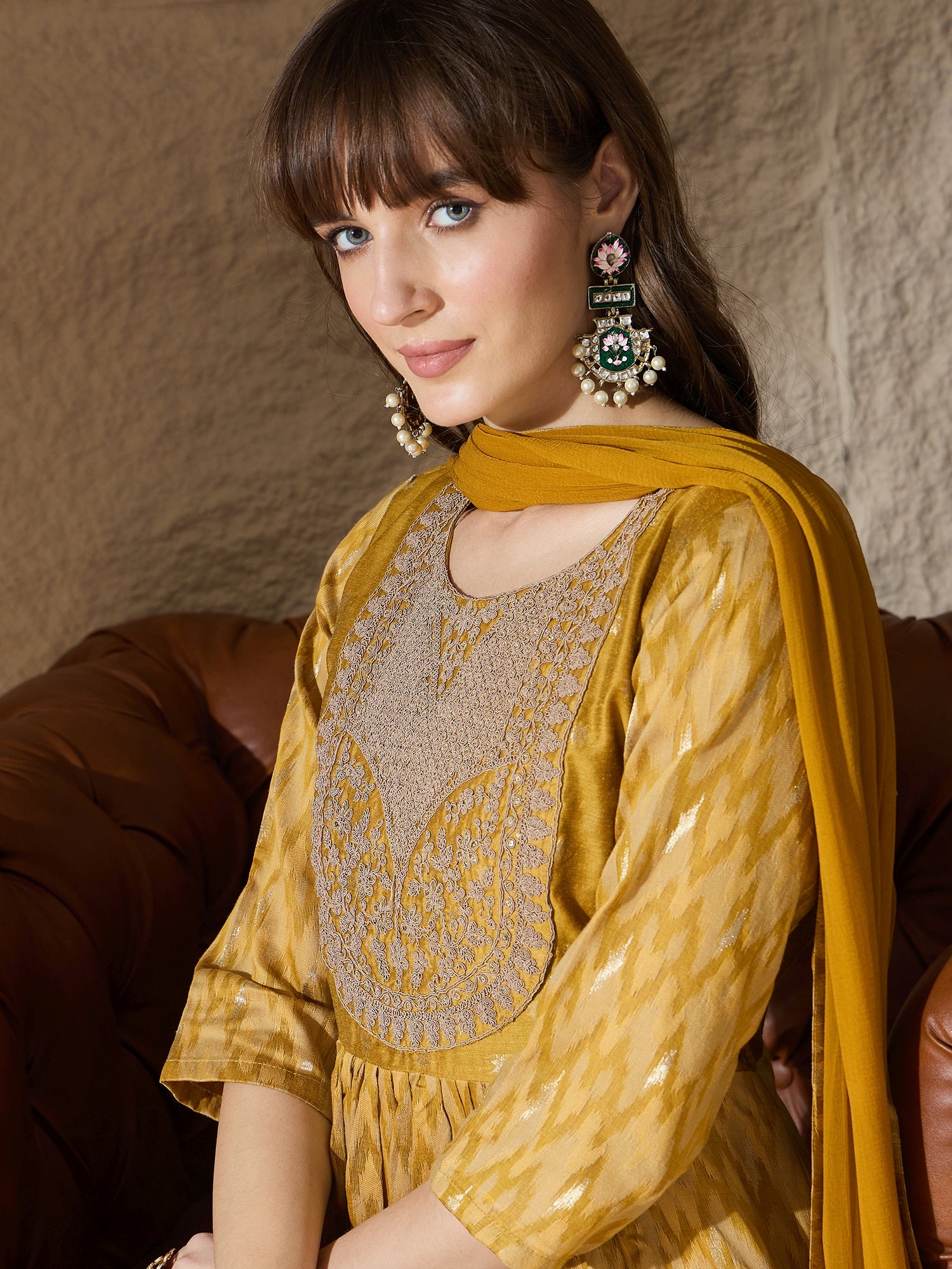 Saiyaara Mustard Cotton Silk Embellished Flared Suit Set