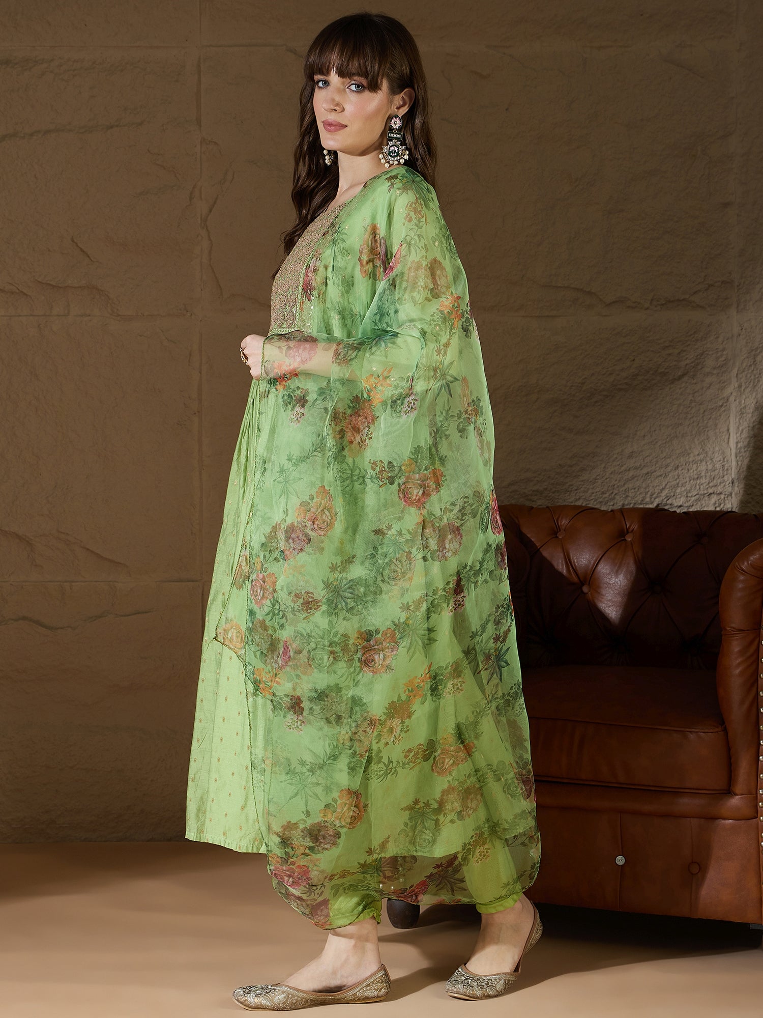Adityika Mehndi Women Kurta and Leggings Duppata Set Chanderi Modal Butti