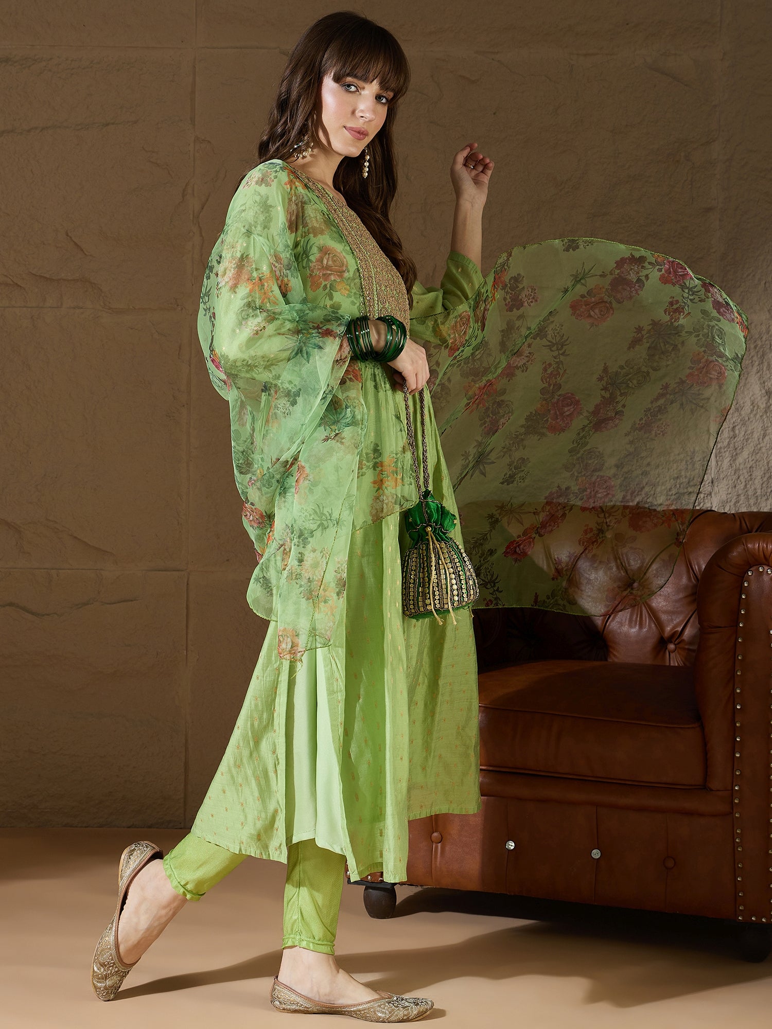 Adityika Mehndi Women Kurta and Leggings Duppata Set Chanderi Modal Butti