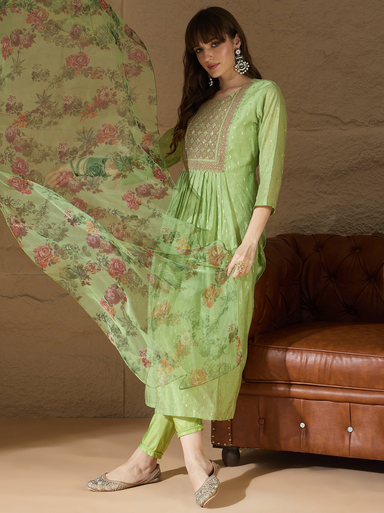 Adityika Mehndi Women Kurta and Leggings Duppata Set Chanderi Modal Butti