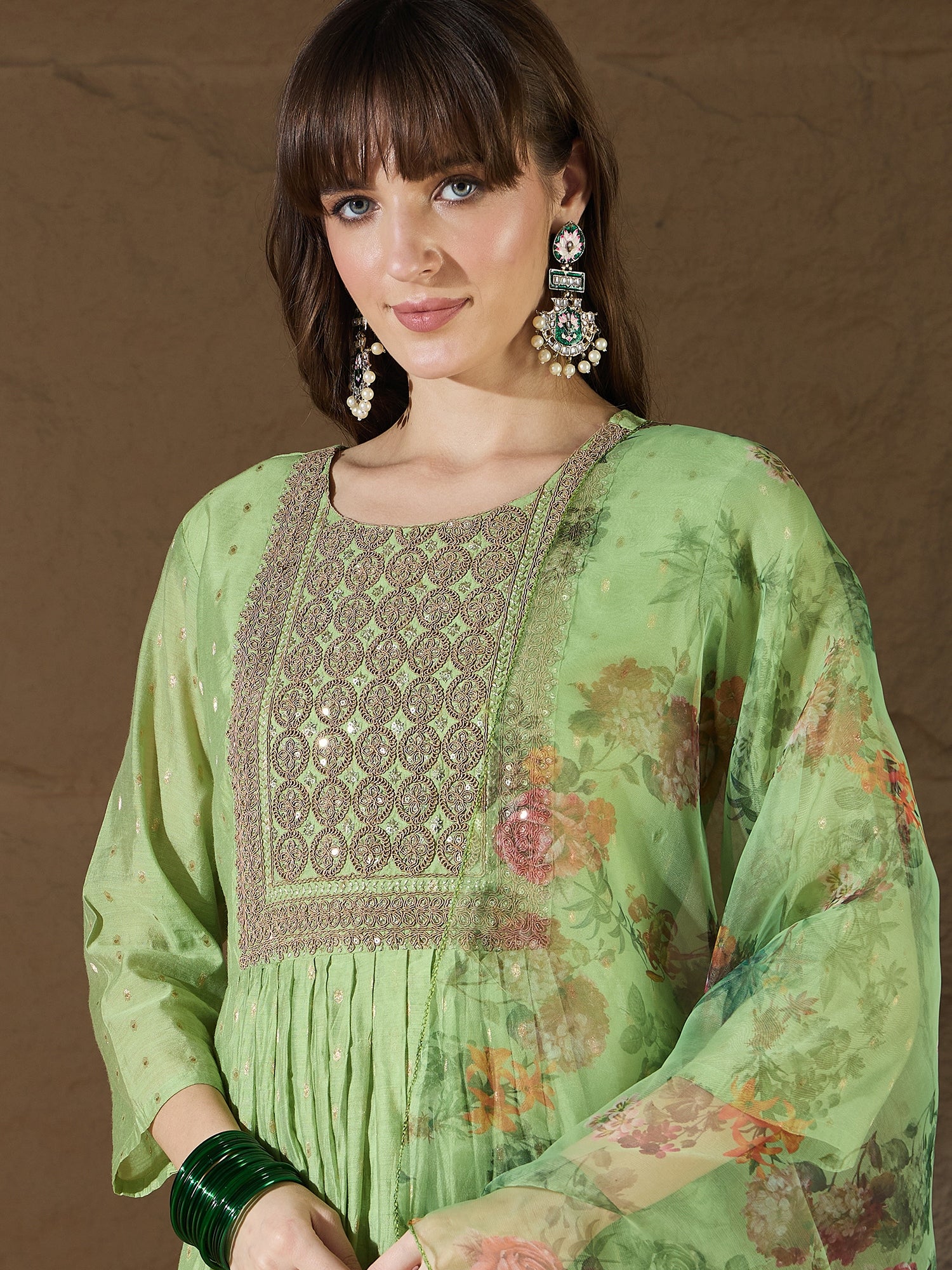 Adityika Mehndi Women Kurta and Leggings Duppata Set Chanderi Modal Butti