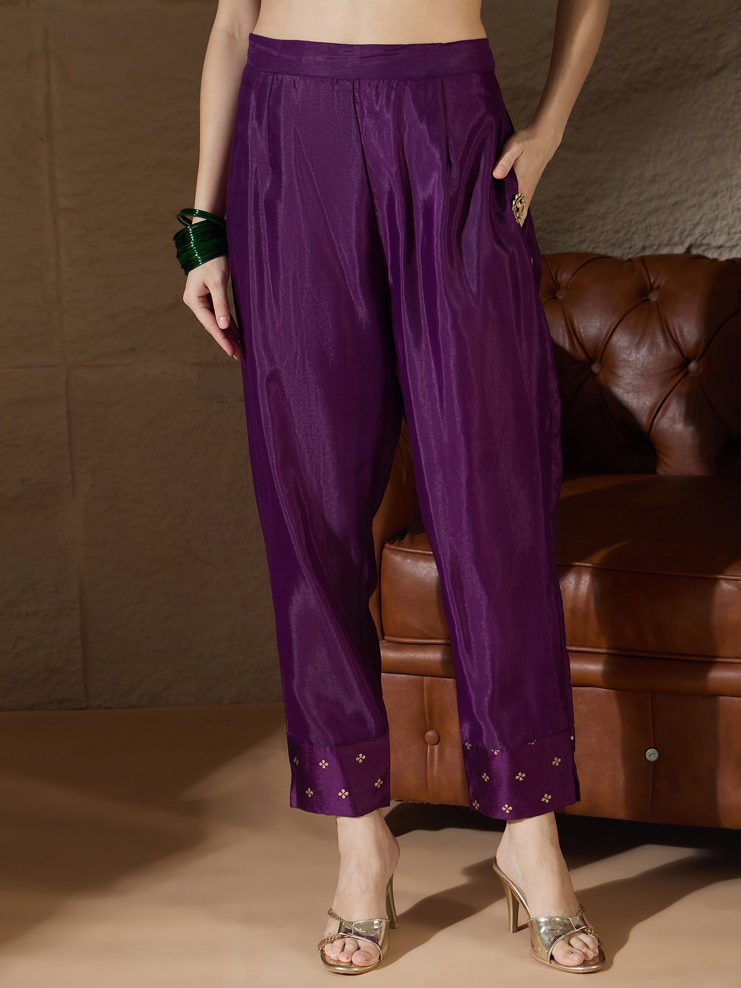 Zyra Purple Women Kurta and Pant Dupatta Sets Chanderi Silk Fabrics with Embroidery