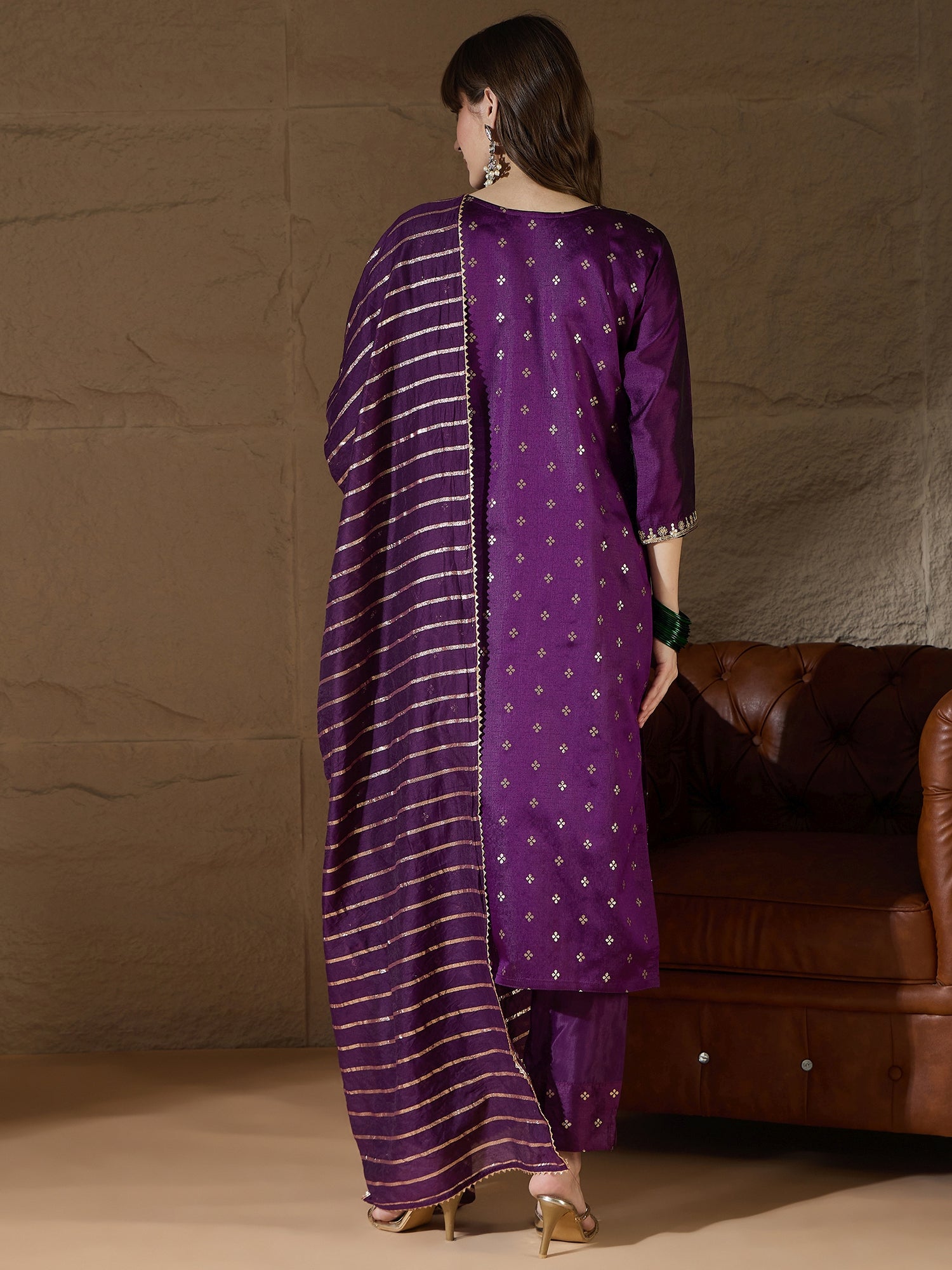 Zyra Purple Women Kurta and Pant Dupatta Sets Chanderi Silk Fabrics with Embroidery