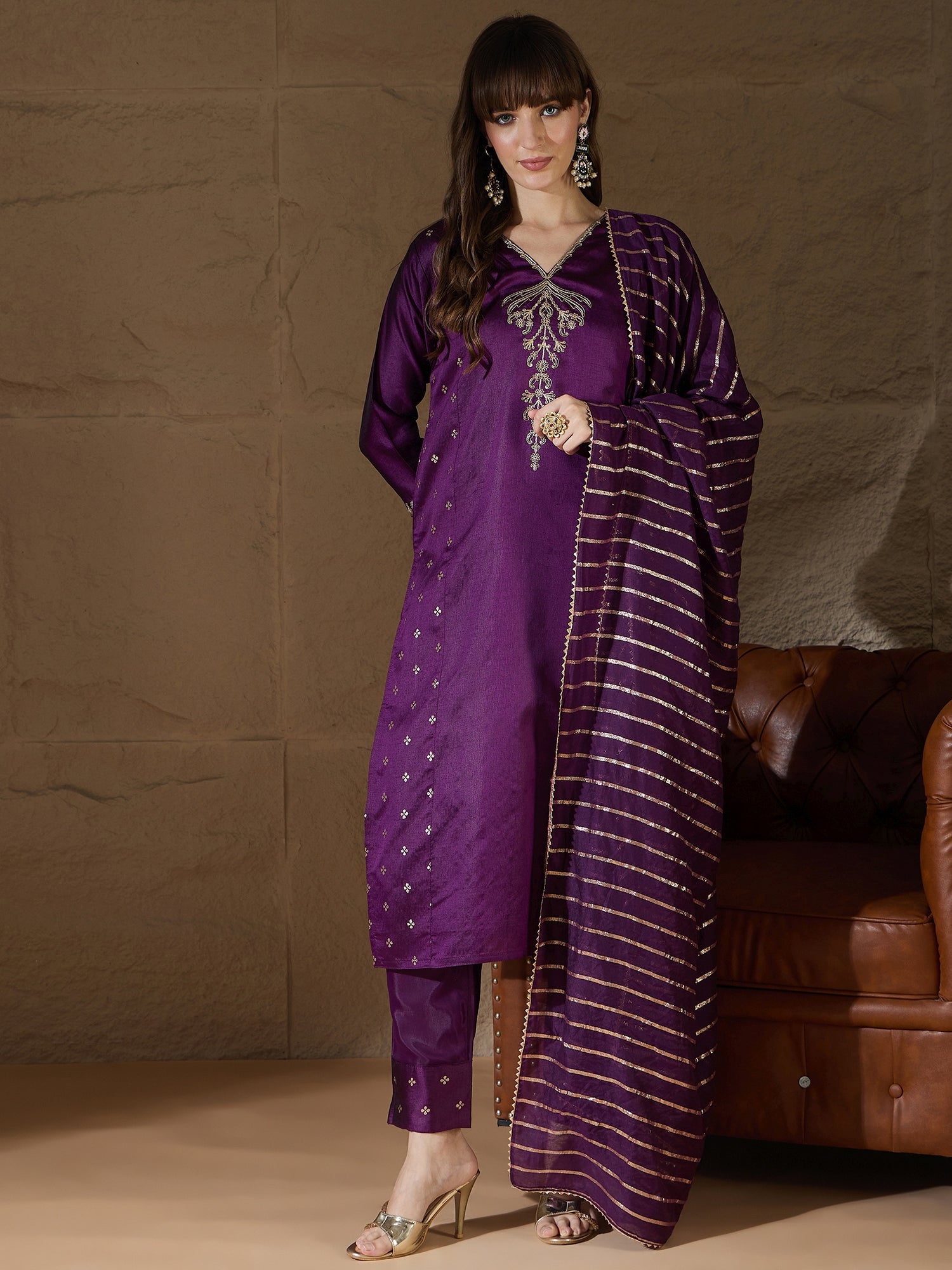 Zyra Purple Women Kurta and Pant Dupatta Sets Chanderi Silk Fabrics with Embroidery