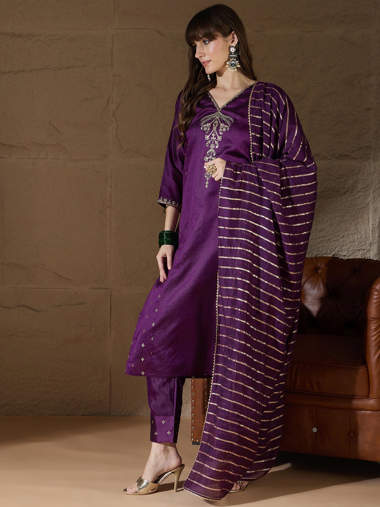 Zyra Purple Women Kurta and Pant Dupatta Sets Chanderi Silk Fabrics with Embroidery