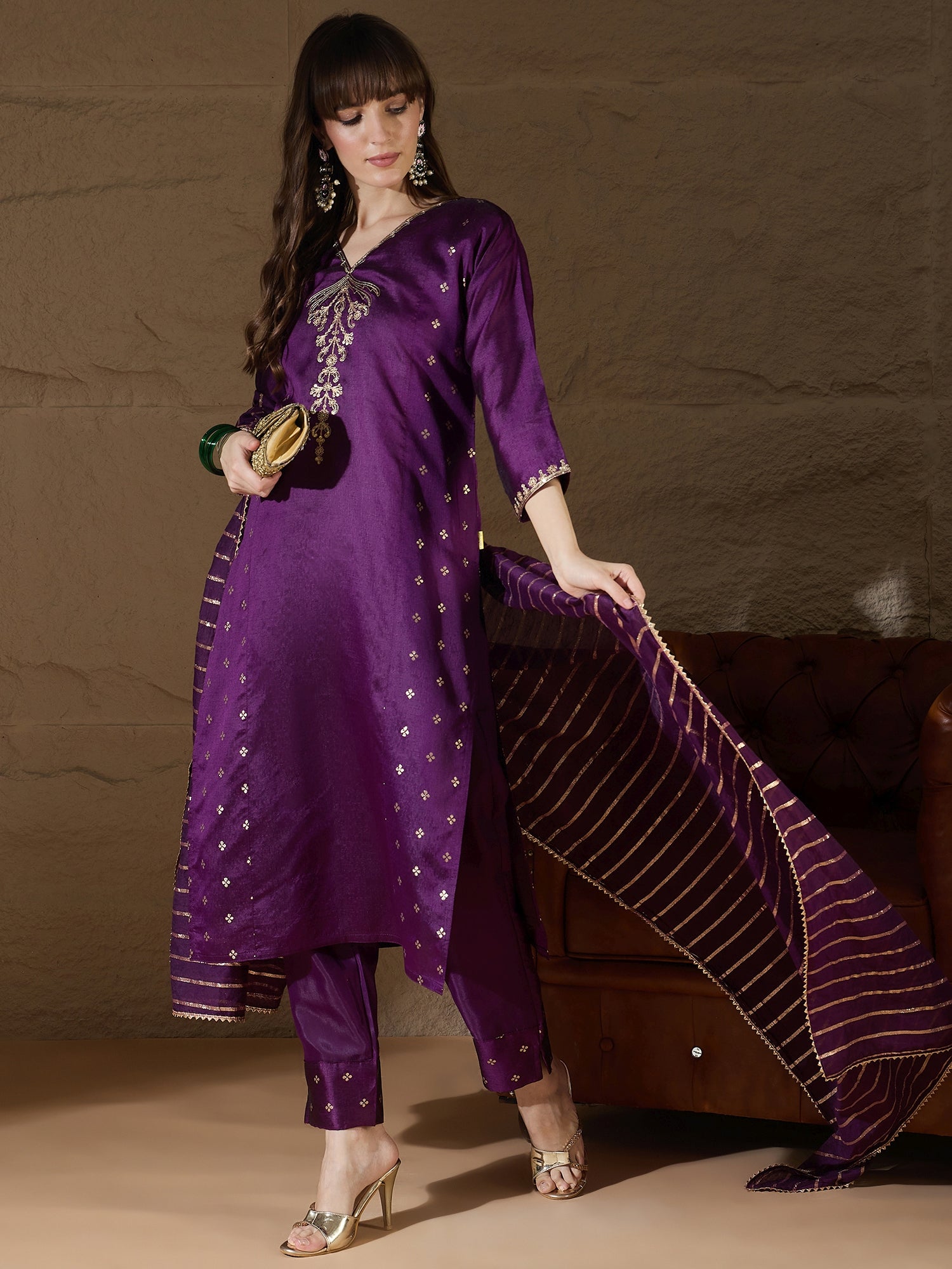 Zyra Purple Women Kurta and Pant Dupatta Sets Chanderi Silk Fabrics with Embroidery
