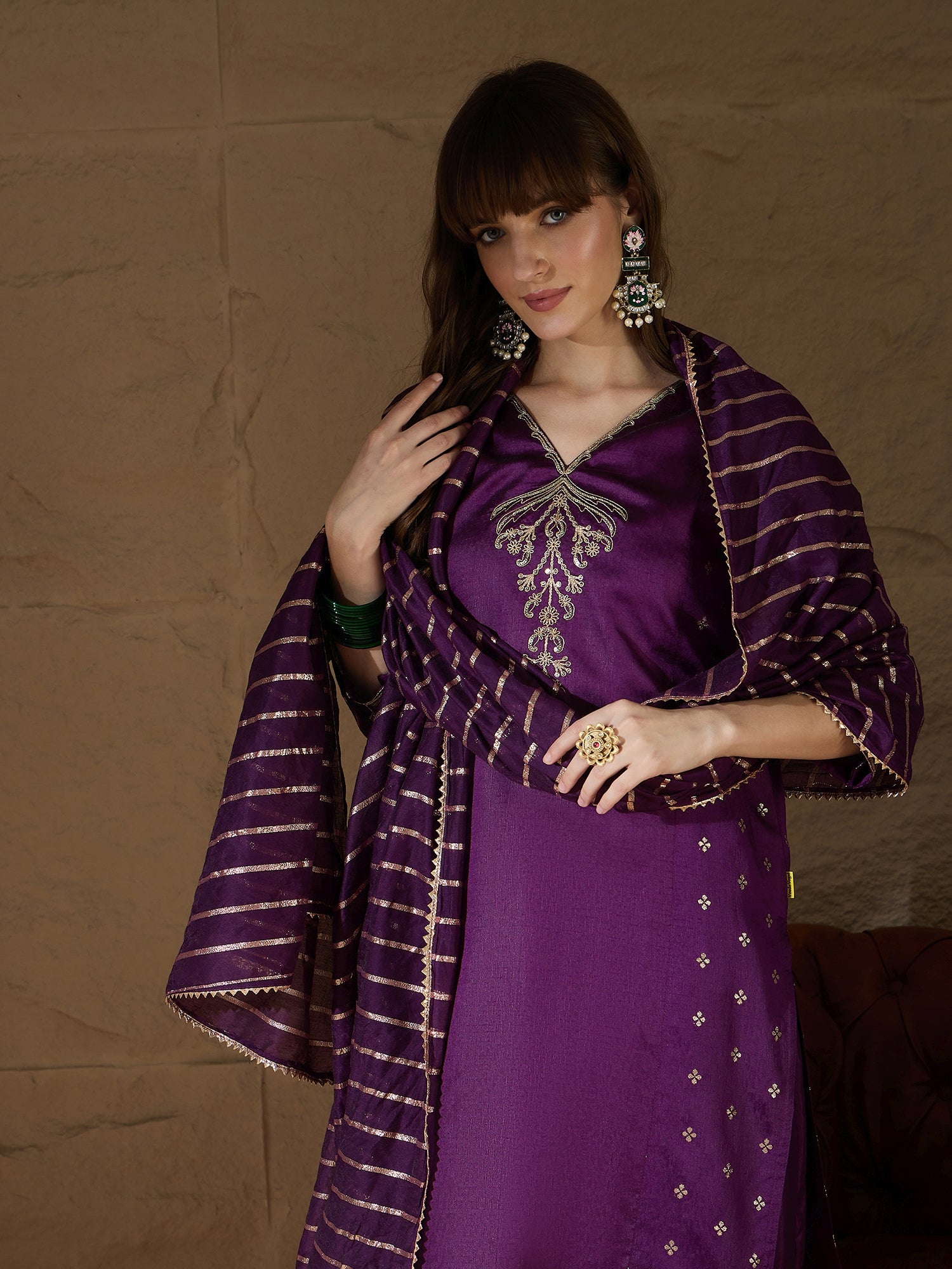 Zyra Purple Women Kurta and Pant Dupatta Sets Chanderi Silk Fabrics with Embroidery